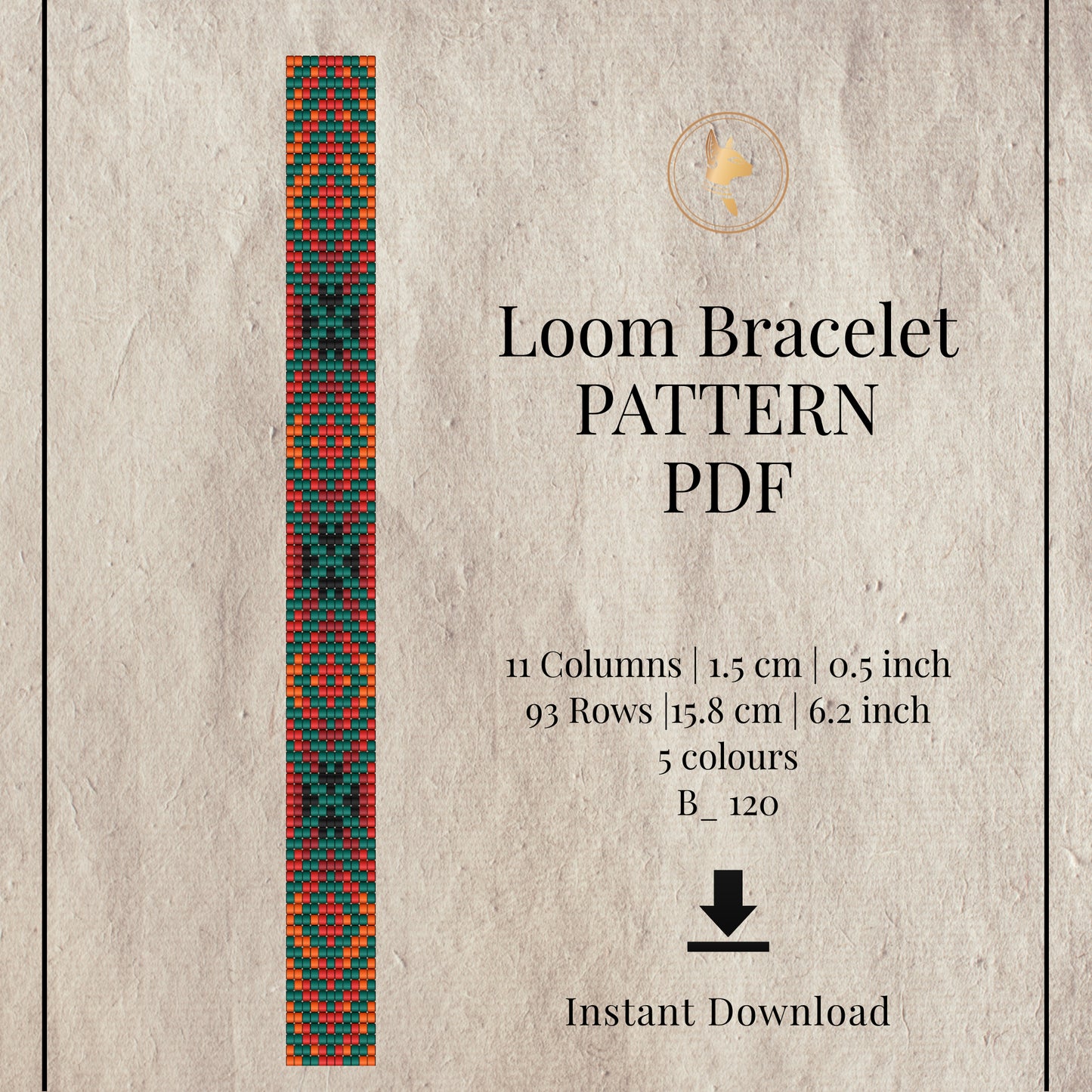 Narrow Loom bracelet pattern PDF with geometric design on a textured beige background