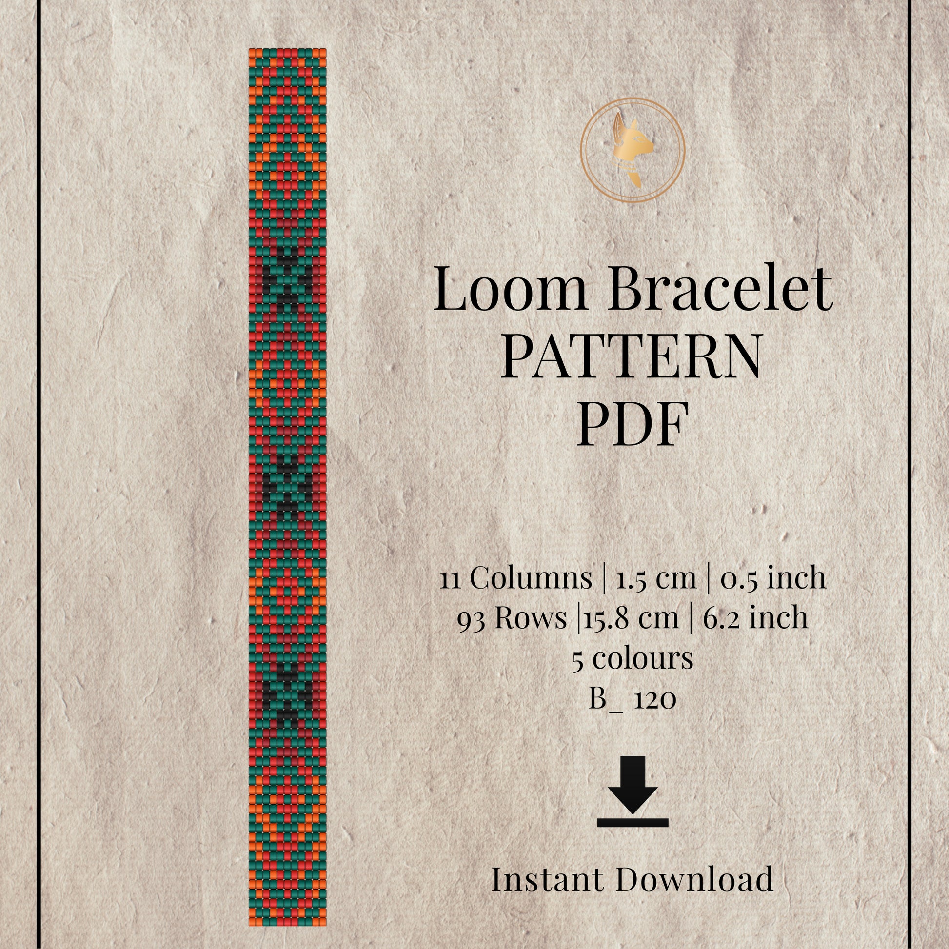 Narrow Loom bracelet pattern PDF with geometric design on a textured beige background