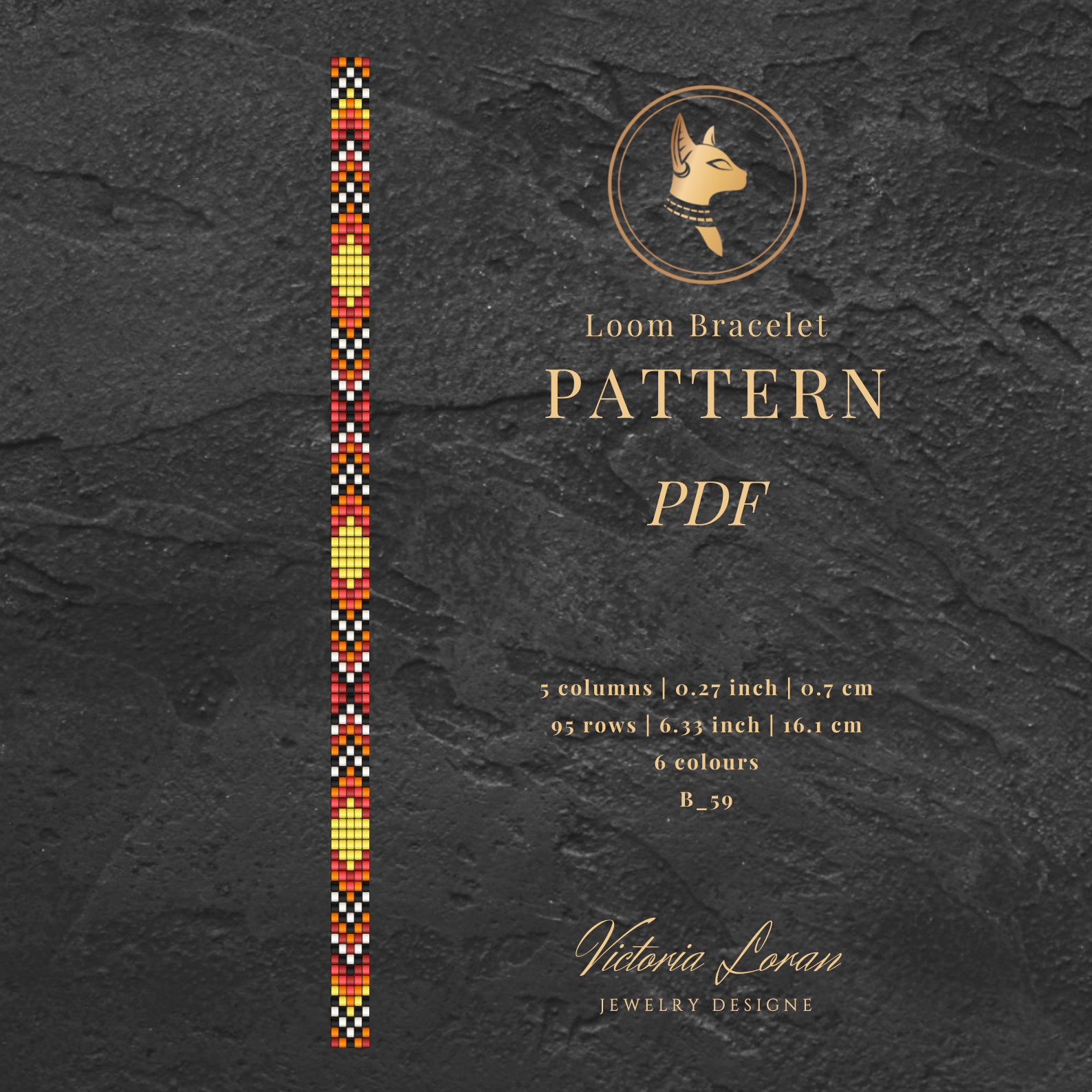 Narrow Loom Bracelet Pattern PDF with geometric design on a dark textured background