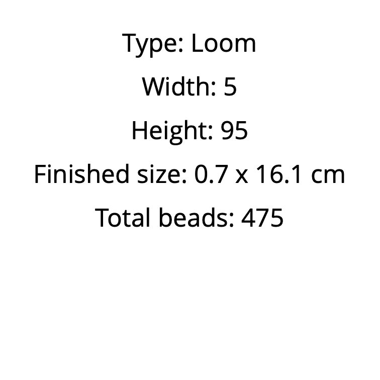 Text displaying product specifications including type, width, height, finished size, and total beads on a white background.