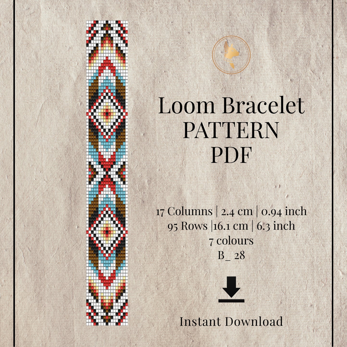 Loom bracelet pattern PDF with geometric design on a textured beige background