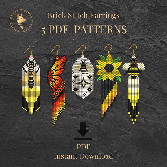 Brick stitch earrings with PDF patterns on a dark textured background