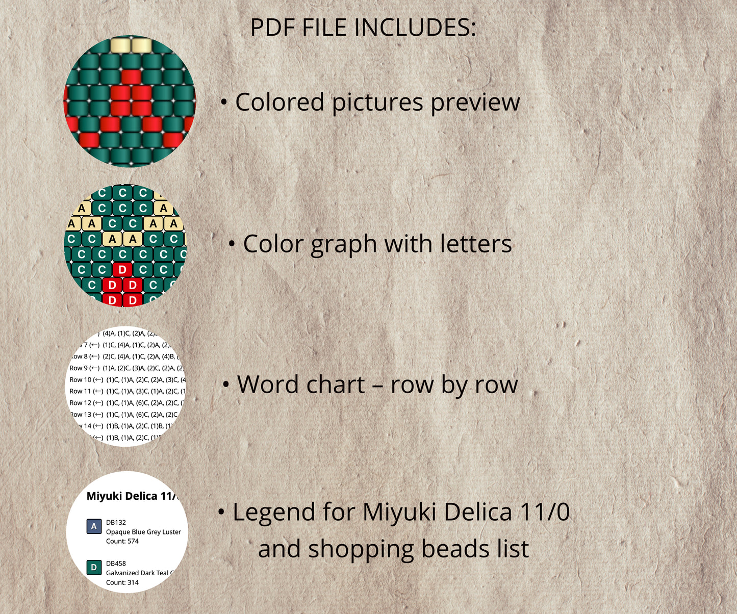 Textual information about a PDF file containing colored pictures, color graph with letters, word chart, and bead legend on a textured beige background.