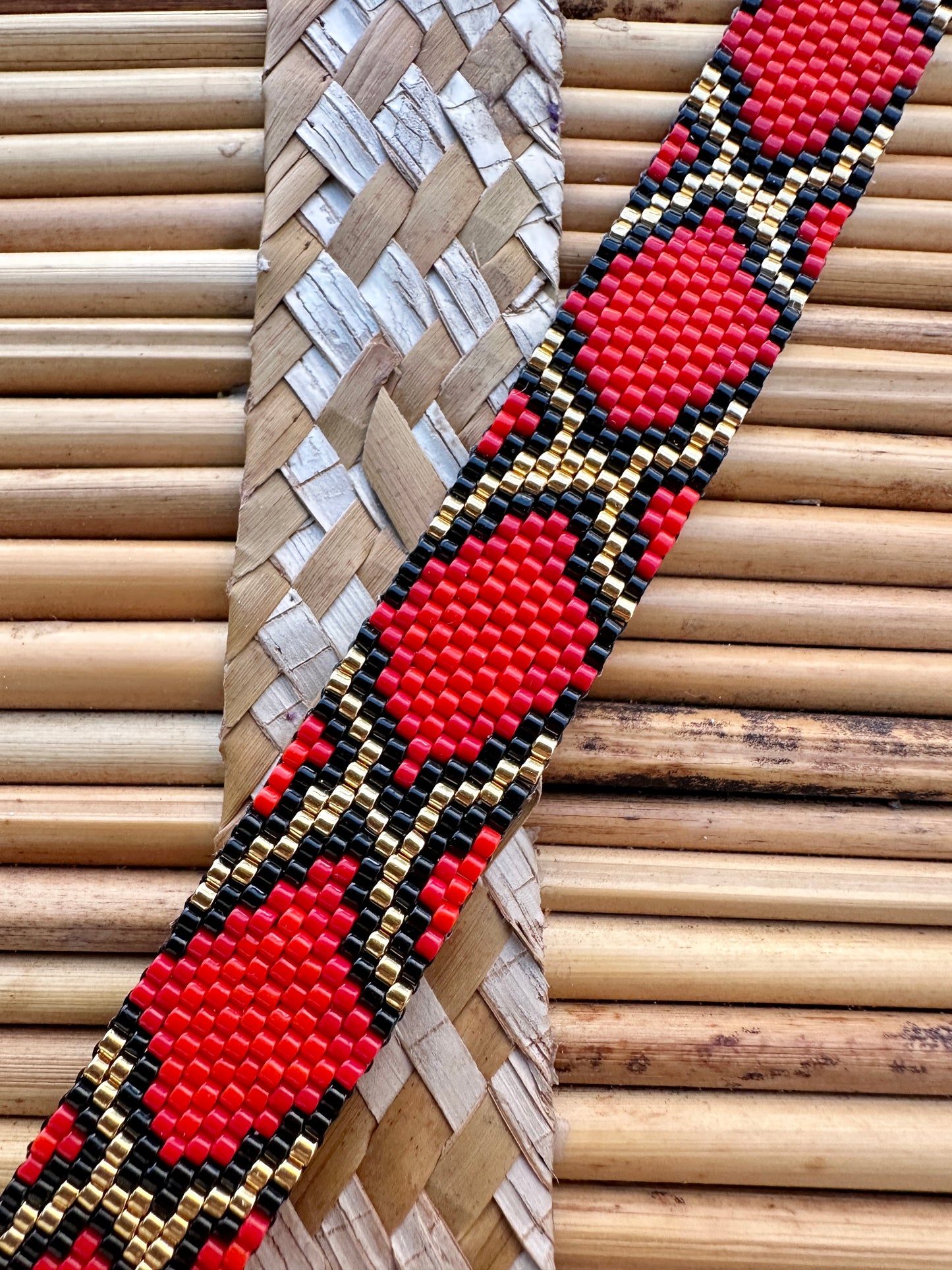 Red snake skin beaded bracelet Miyuki Delica with 24 K gold beads.
