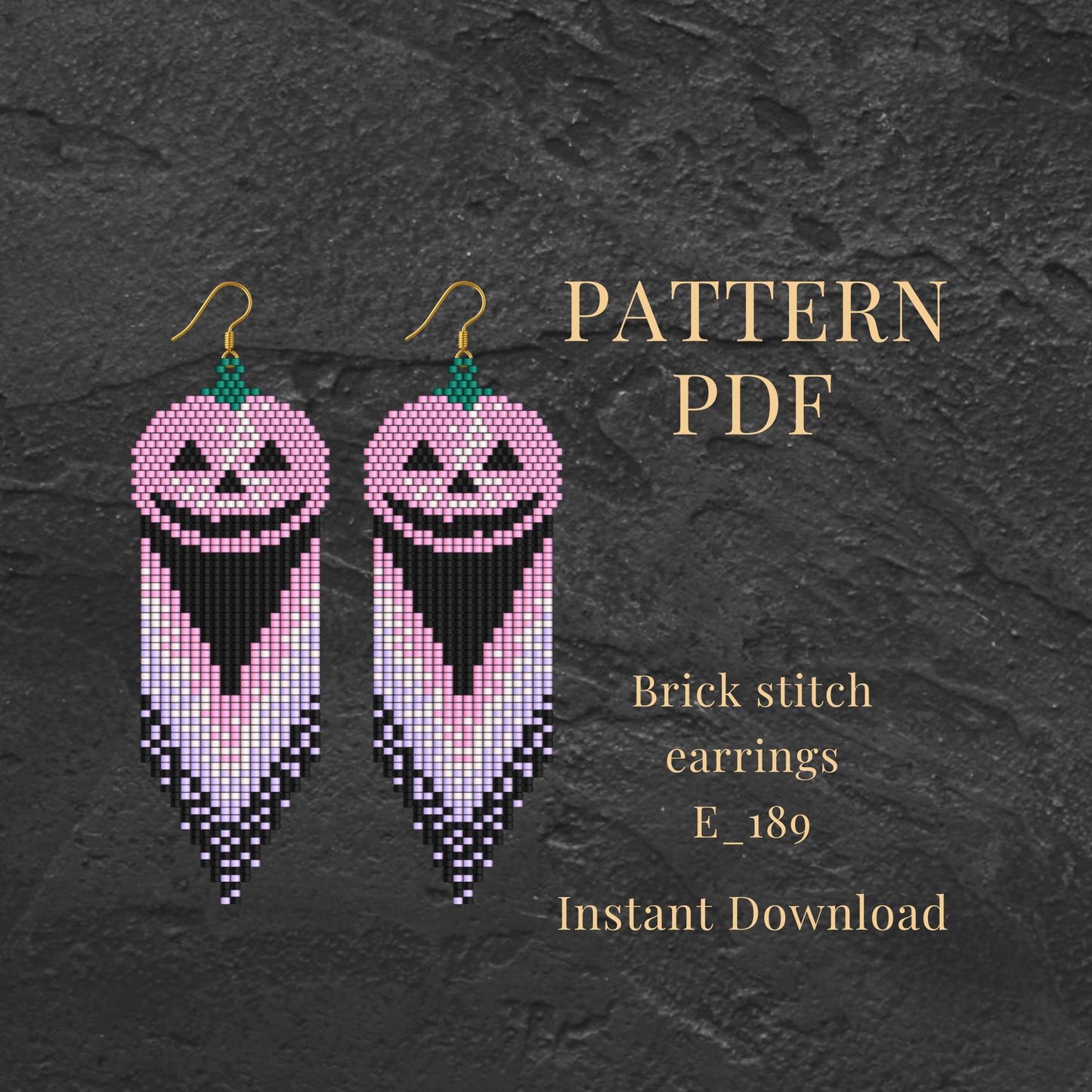 Pumpkin Brick stitch earrings with pink and black design on a dark textured background, featuring text about a pattern PDF.