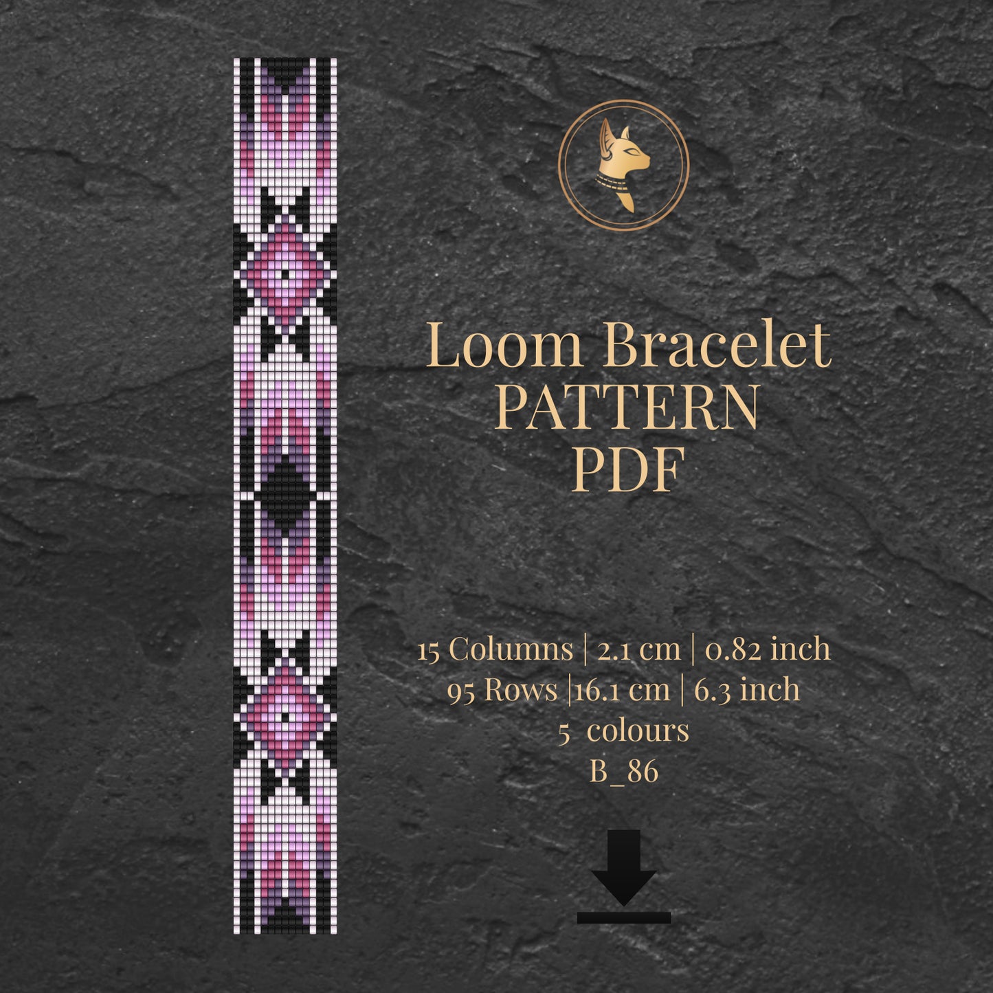 Loom bracelet pattern PDF with geometric design and details on a dark textured background