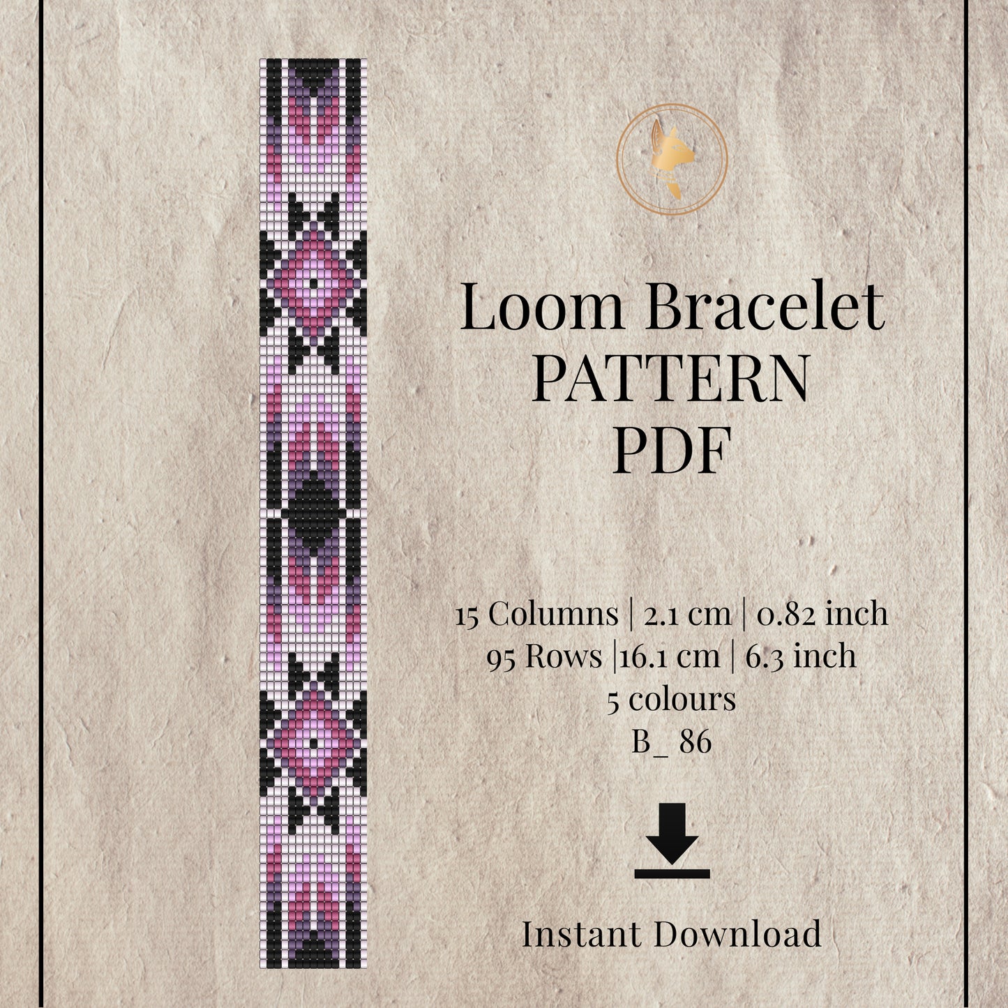 Loom bracelet pattern PDF with geometric design on a textured beige background