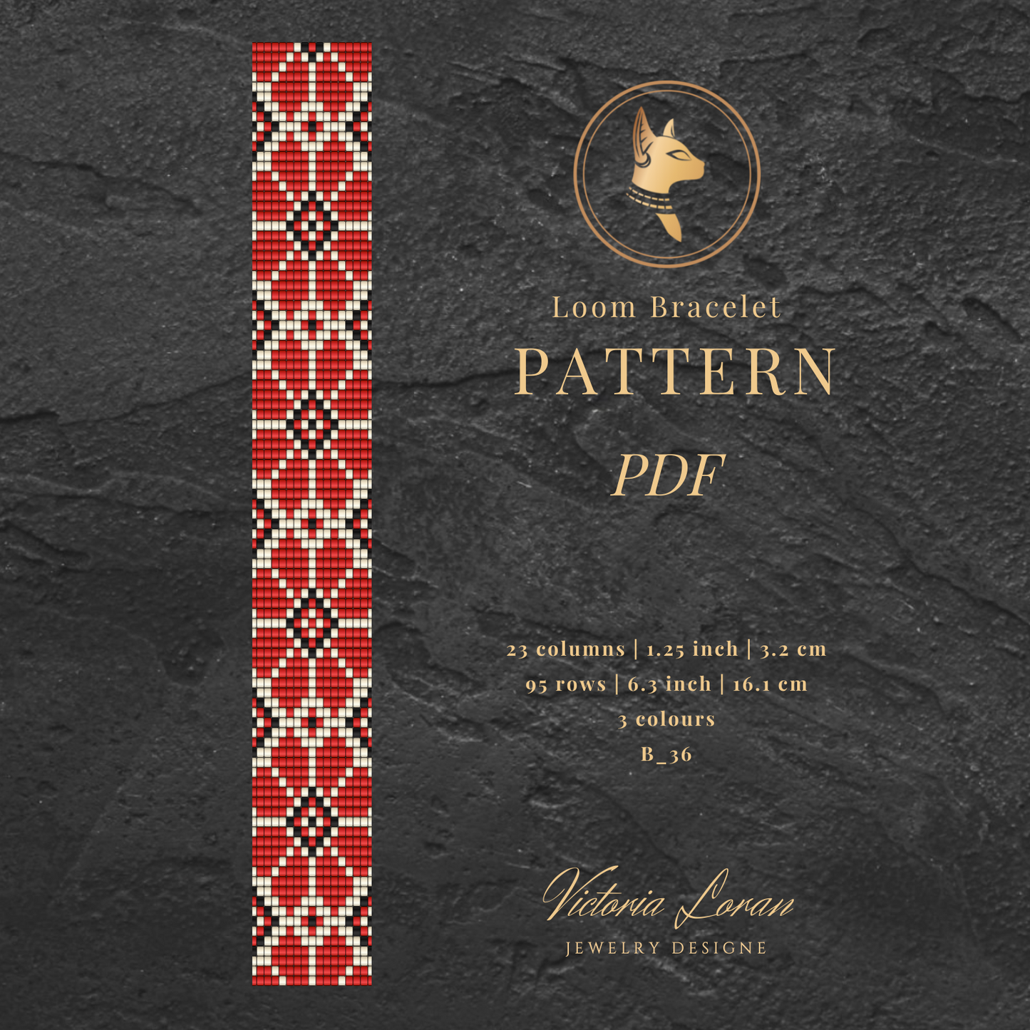Red Floral Loom Bracelet Pattern PDF Loom bracelet pattern PDF with red and white geometric design on a dark background