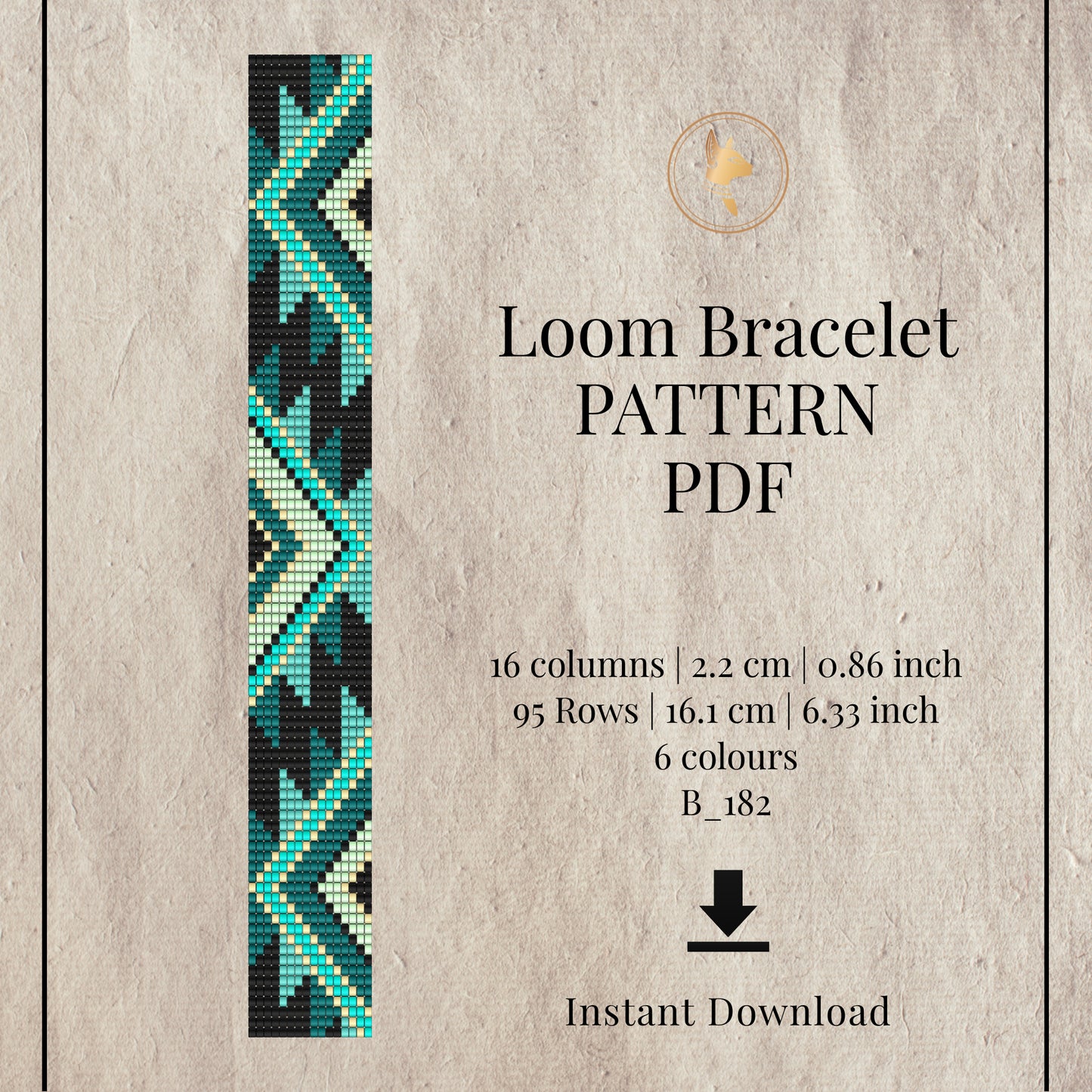 Loom bracelet pattern PDF with geometric design on a textured beige background