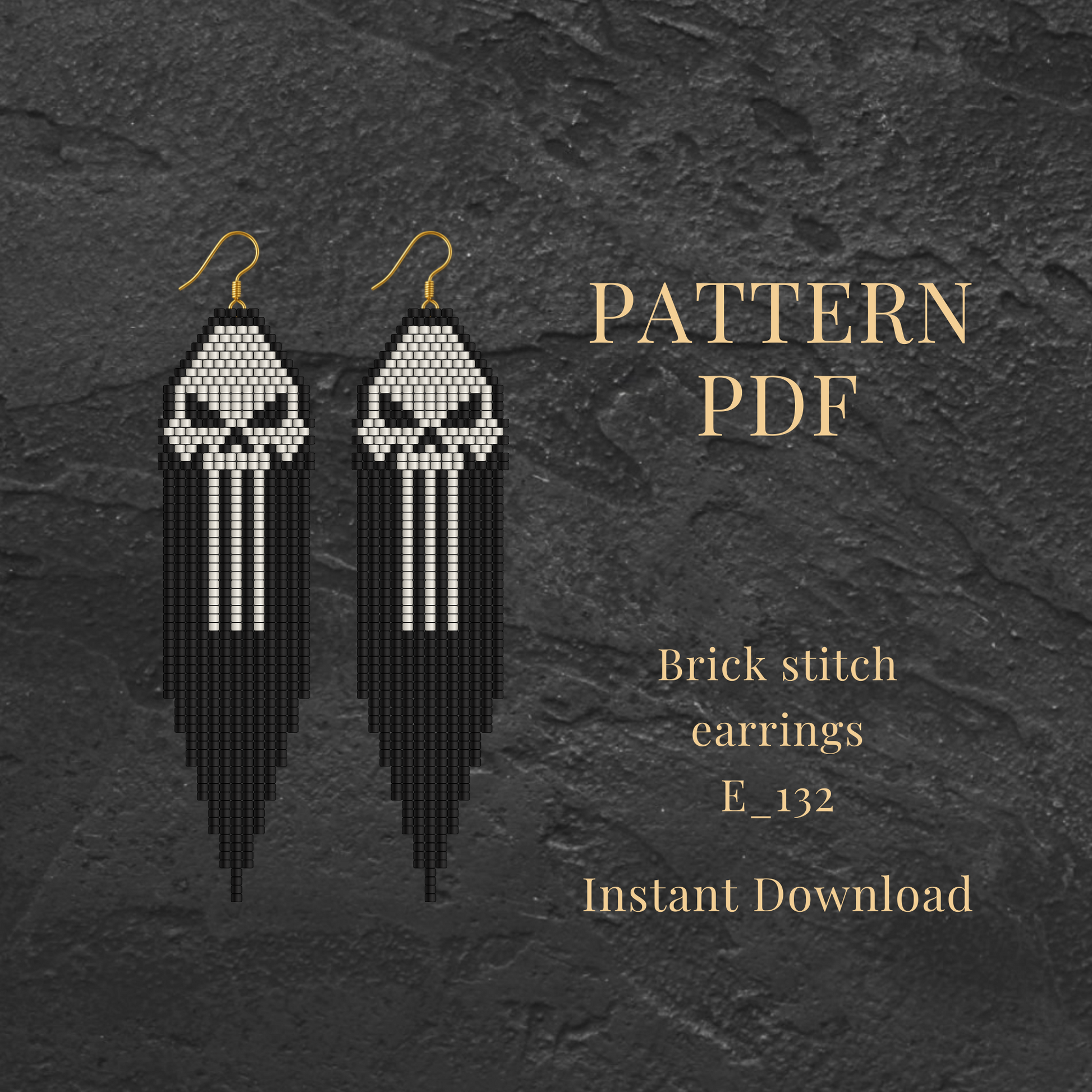 Brick stitch earrings Pattern with skull design on a dark textured background, featuring text about a pattern PDF.