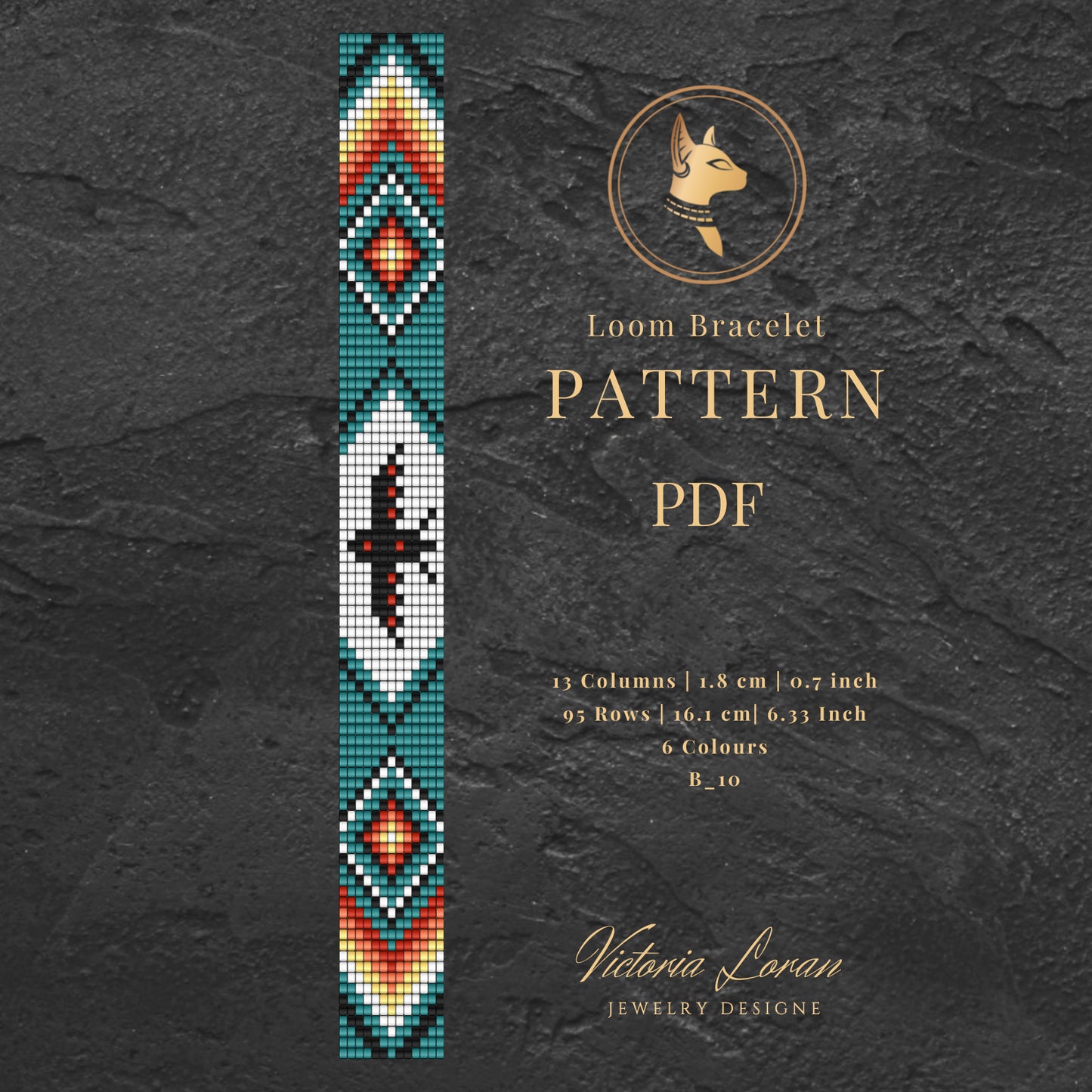 Thunderbird Loom bracelet pattern PDF with geometric design on a dark textured background