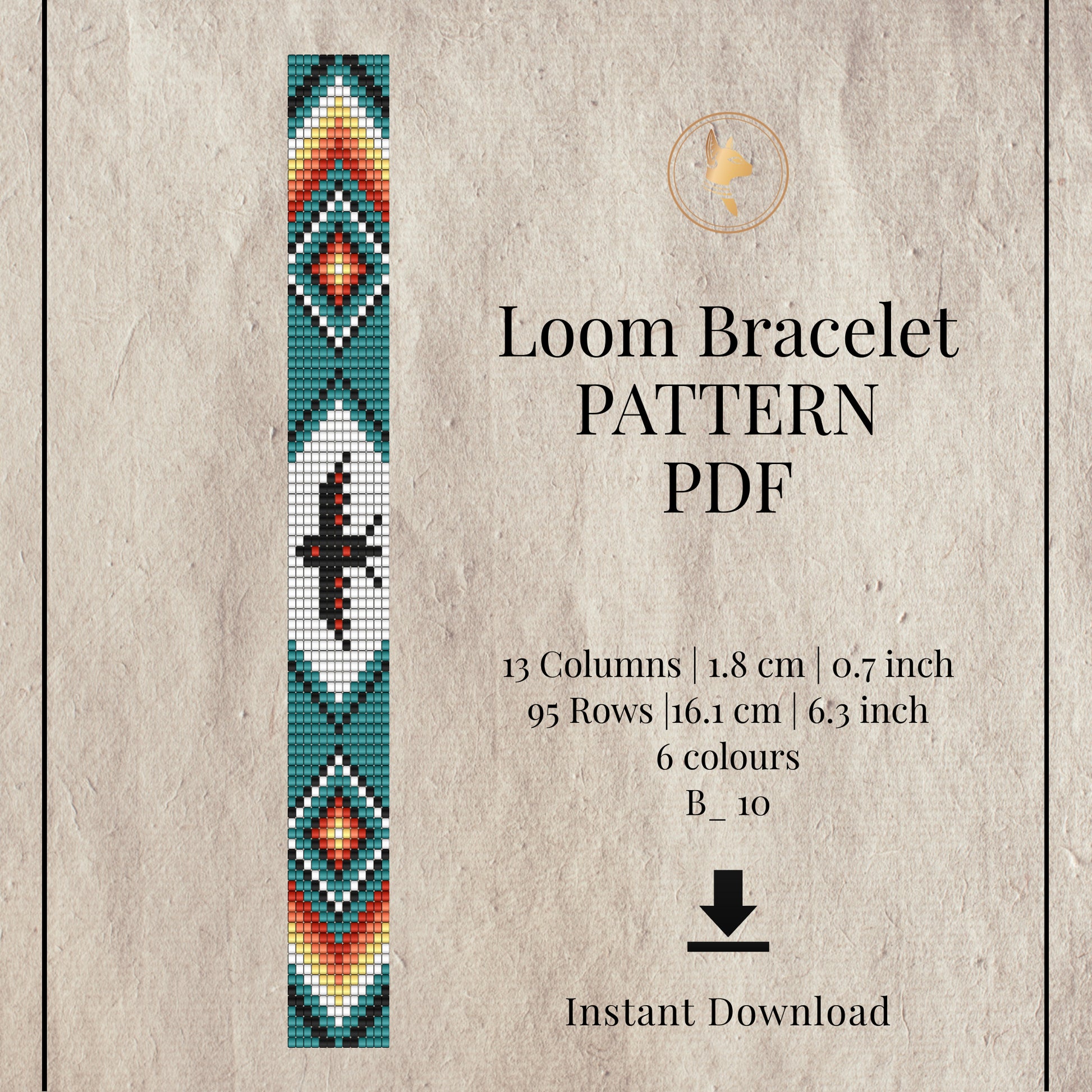 Thinderbird Loom bracelet pattern PDF with geometric design on a textured beige background