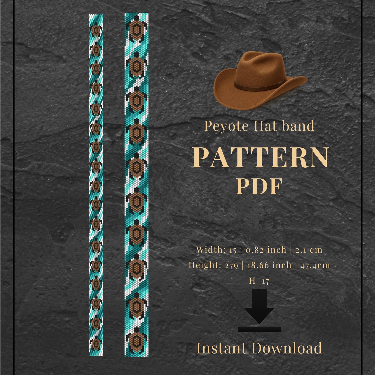 Peyote Hat band pattern PDF with a cowboy hat icon on a dark textured background
