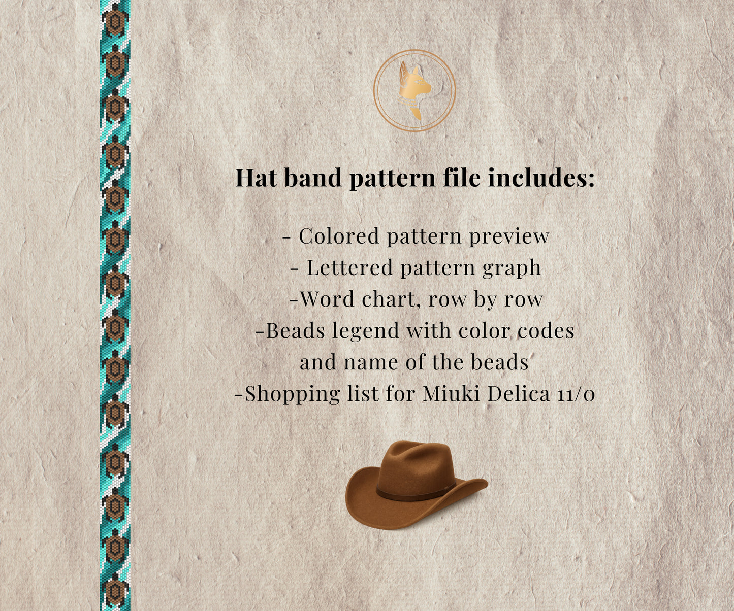 Textual information about a hat band pattern file on a textured beige background with a cowboy hat and patterned border.