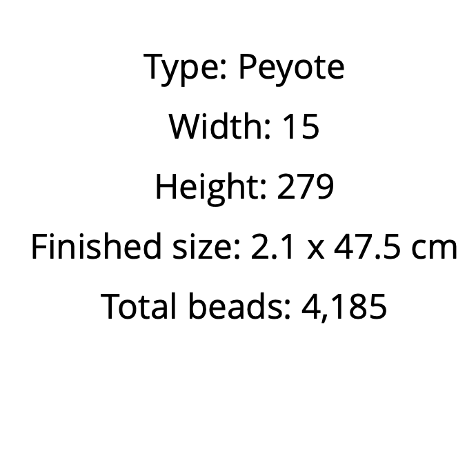Text displaying beadwork specifications including type, width, height, finished size, and total beads on a white background.