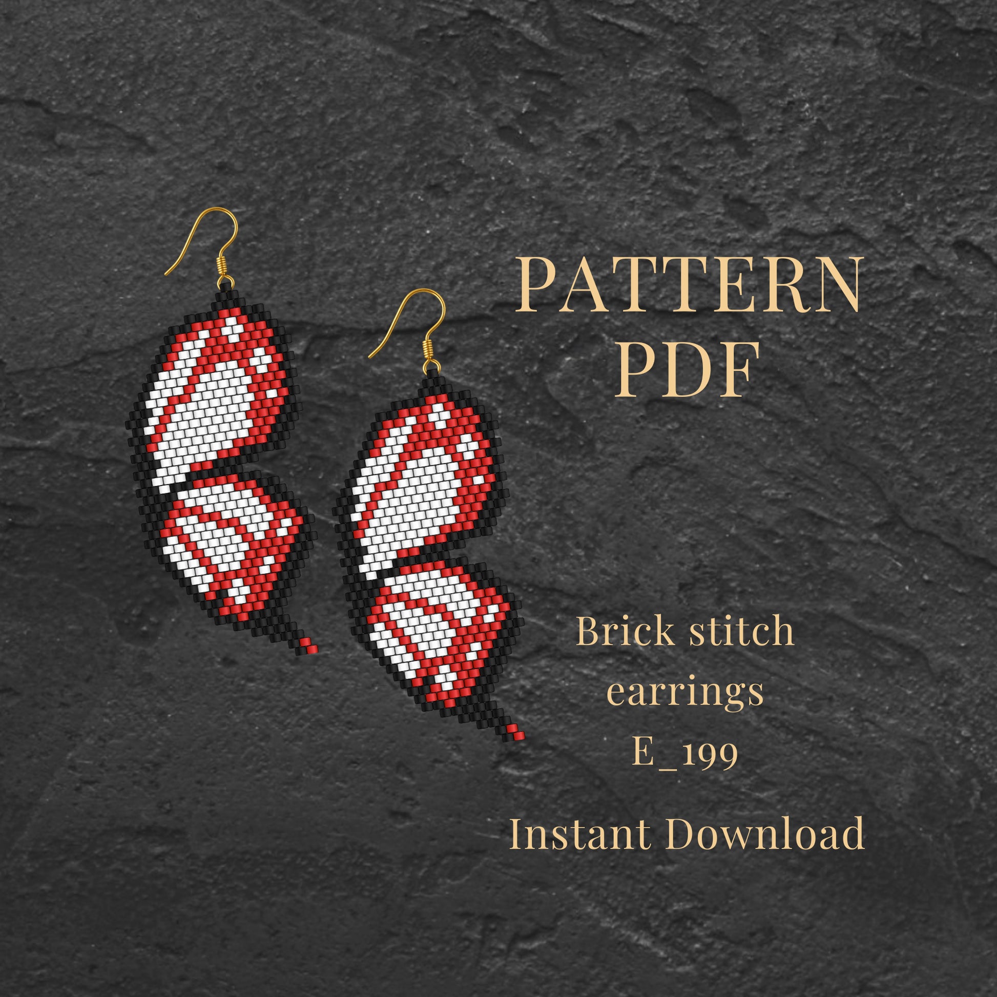 Wings Brick stitch earrings on a dark textured background with 'Pattern PDF' text.