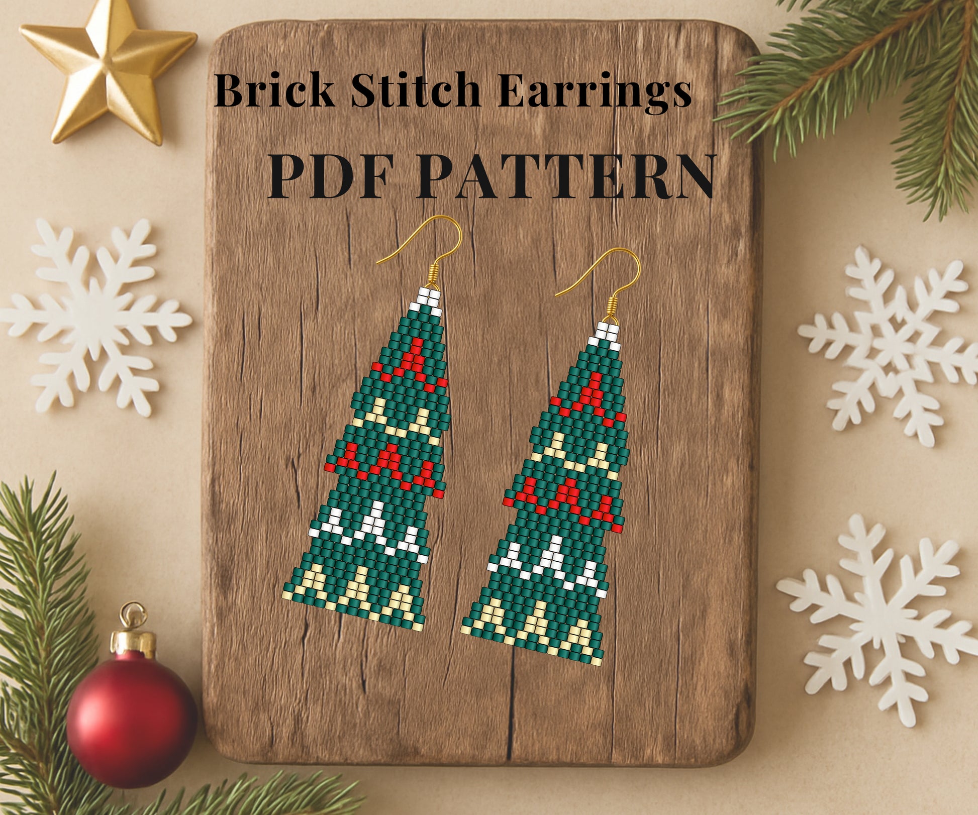 Christmas tree Brick Stitch Earrings PDF Pattern with Christmas-themed decorations on a wooden board.