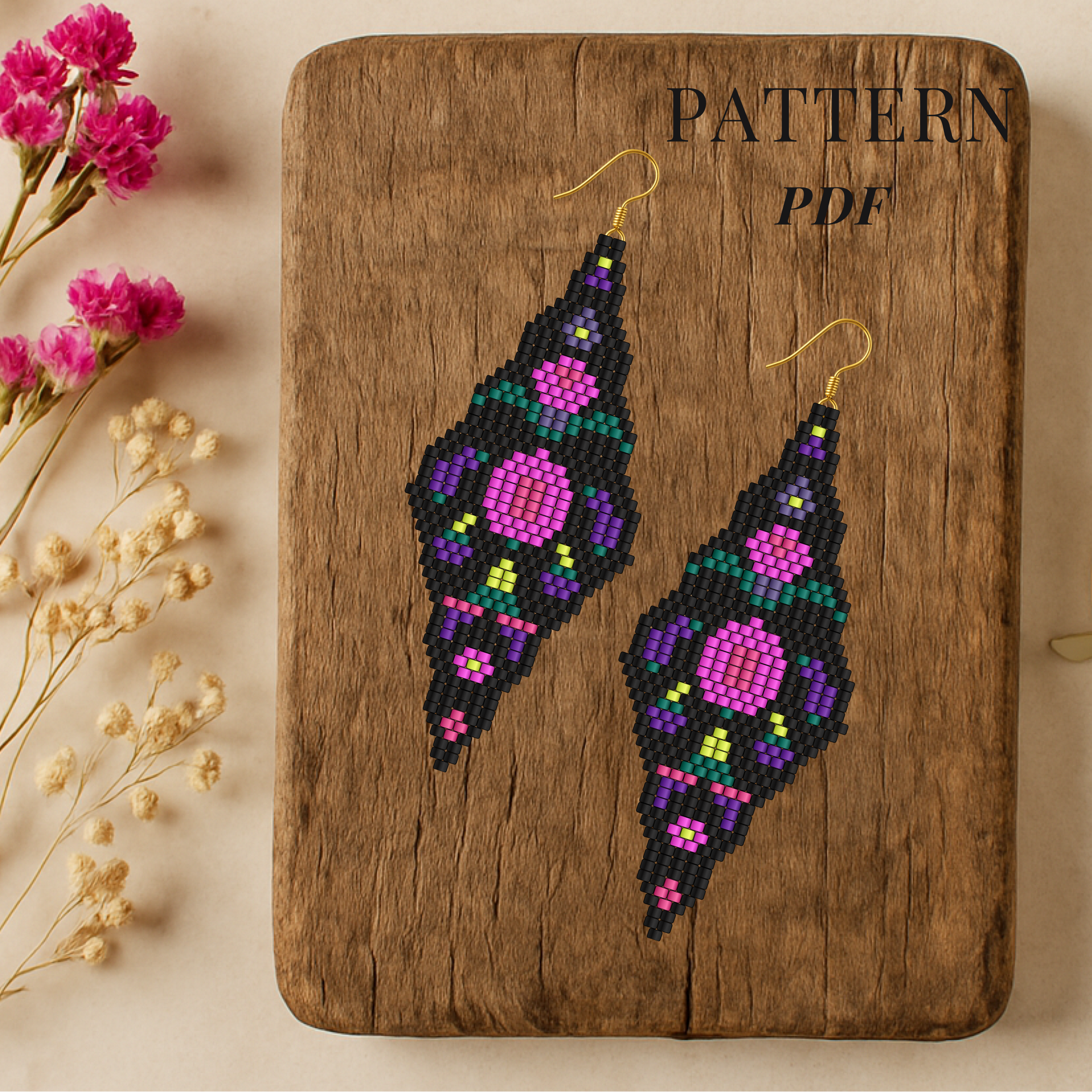 pink Beaded earrings pattern on a wooden board with 'Pattern PDF' text, surrounded by flowers.