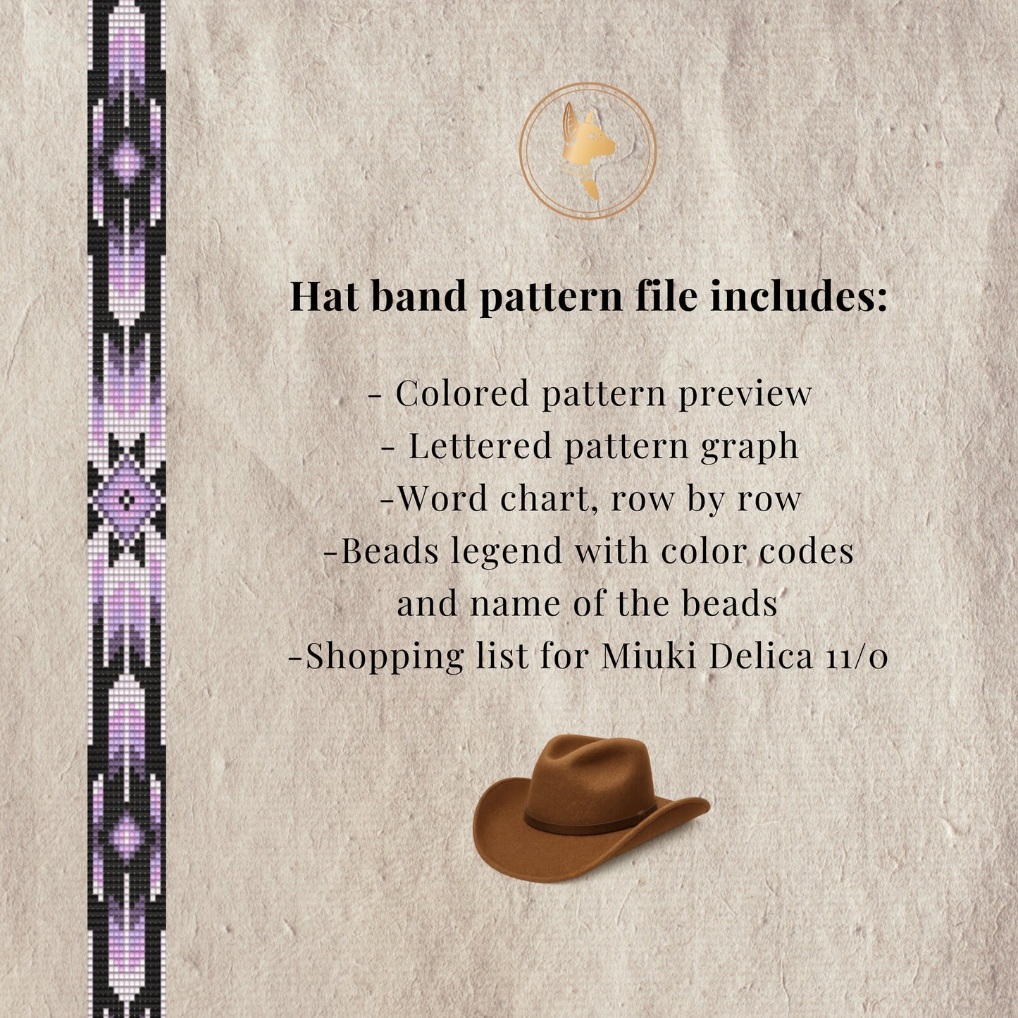Hat band pattern file description with a beaded pattern and cowboy hat on a textured background