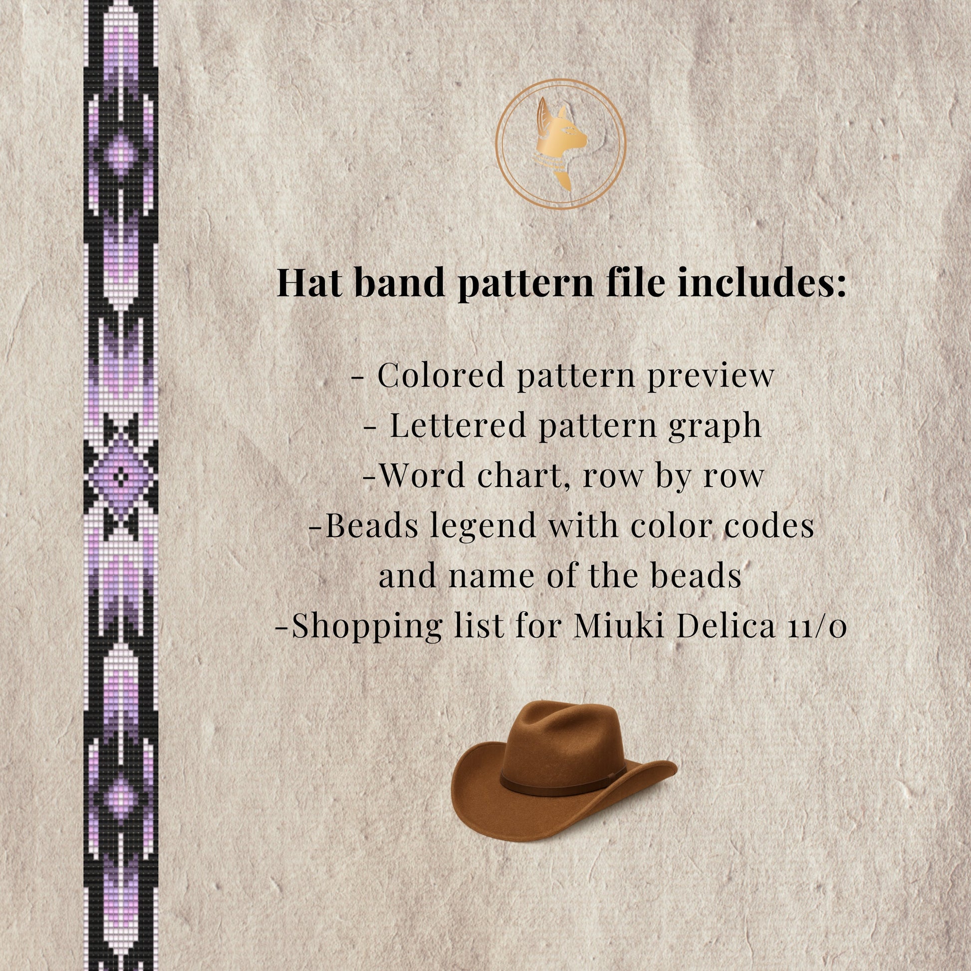 Hat band pattern file description with a beaded pattern and cowboy hat on a textured background