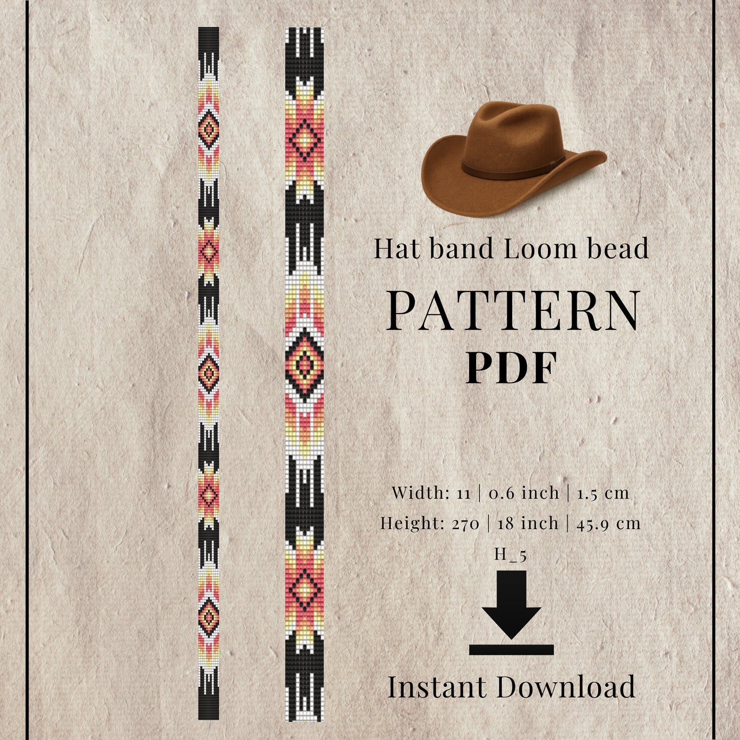 Hat band loom bead pattern PDF with two beaded bands and a cowboy hat on a textured background.