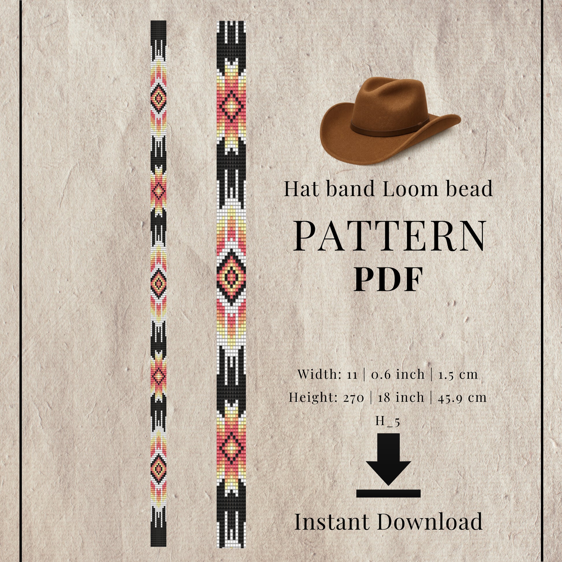 Hat band loom bead pattern PDF with two beaded bands and a cowboy hat on a textured background.