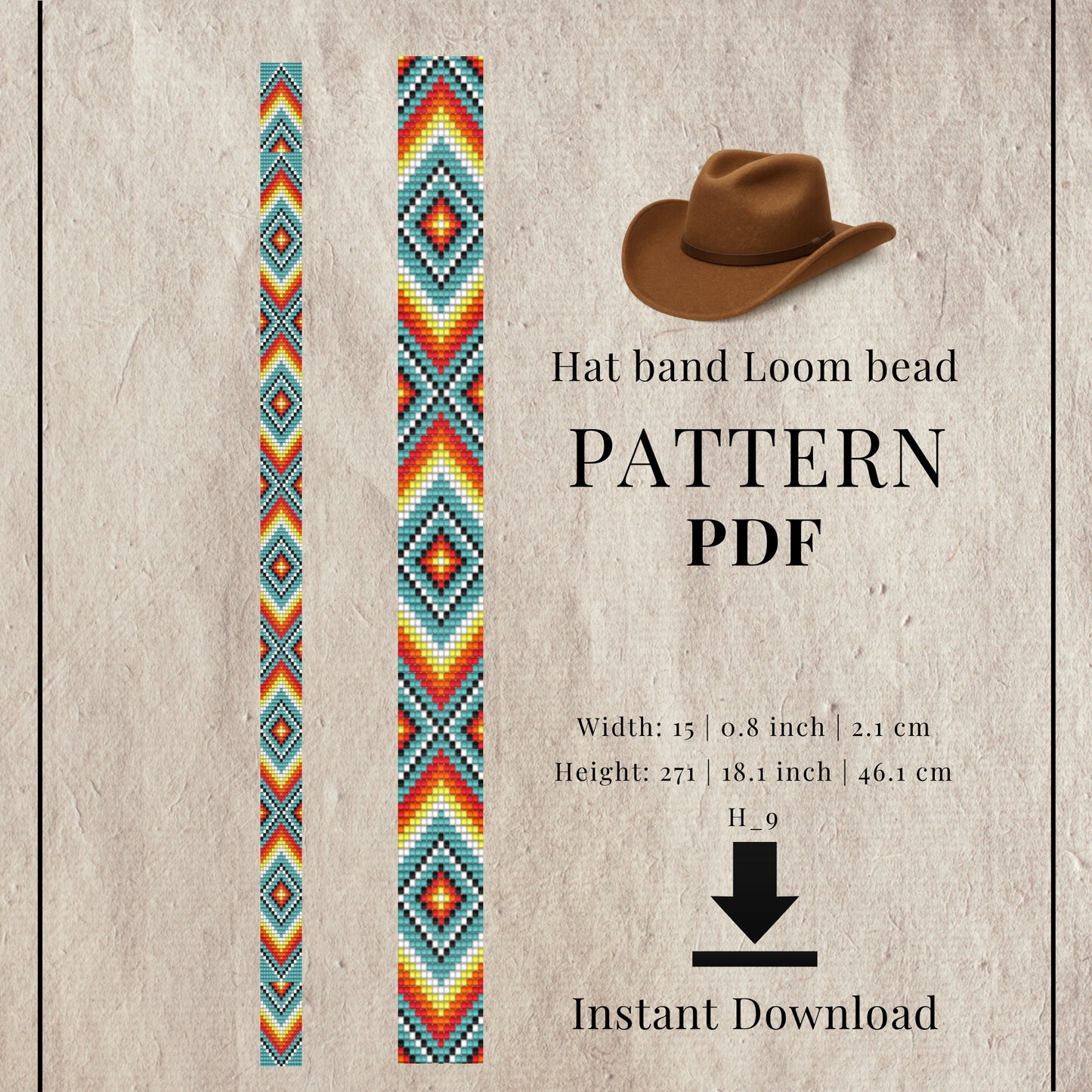Hat band loom bead pattern PDF with a colorful geometric pattern.