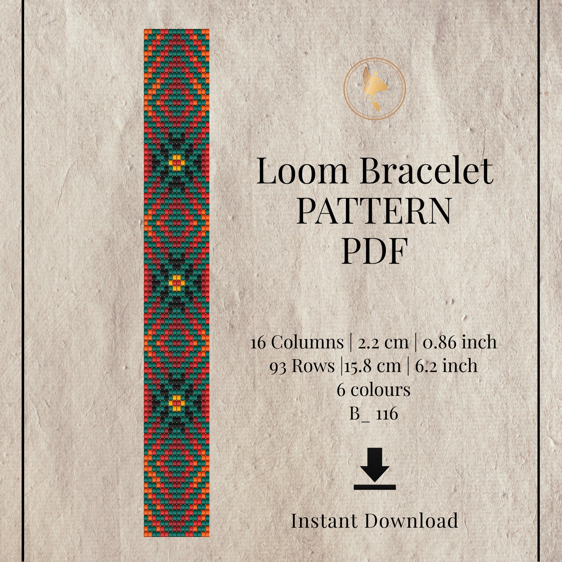 Loom bracelet pattern PDF with geometric design on a textured beige background