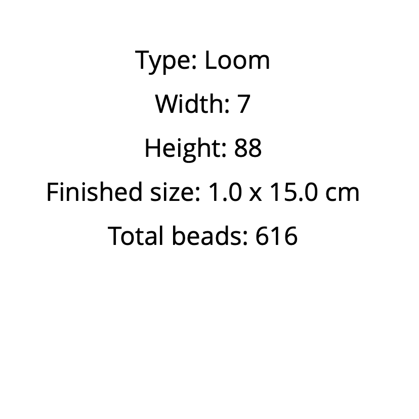 Text displaying details about a loom including type, width, height, finished size, and total beads on a white background.
