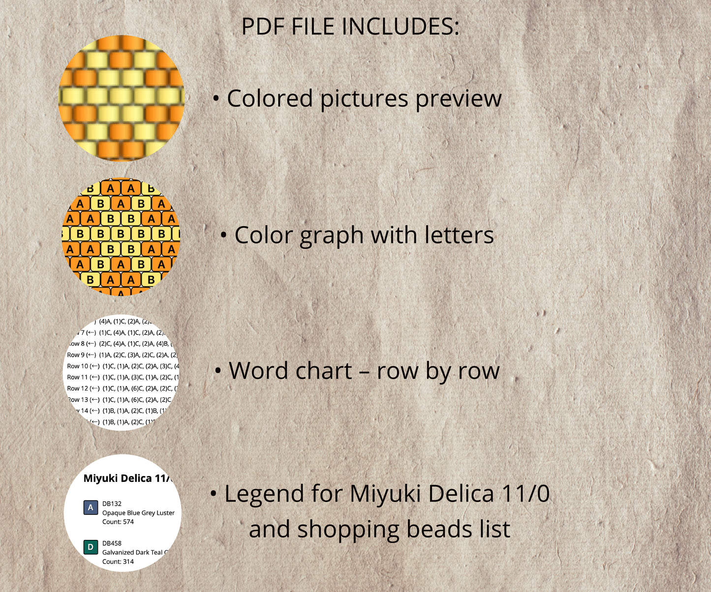 Textual information about a PDF file containing colored pictures, color graphs with letters, word charts, and bead legend on a textured beige background.