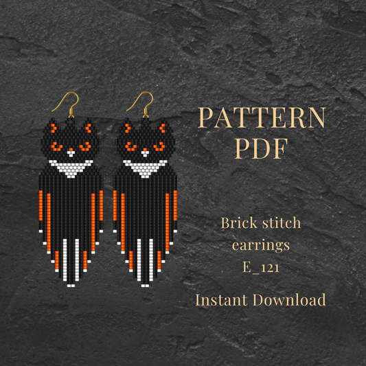 Black cat Brick stitch earrings pattern PDF on a dark textured background