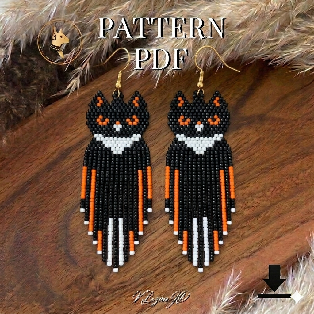 Black Angry Cat Halloween Earrings Pattern – Brick Stitch with Fringe PDF Tutorial