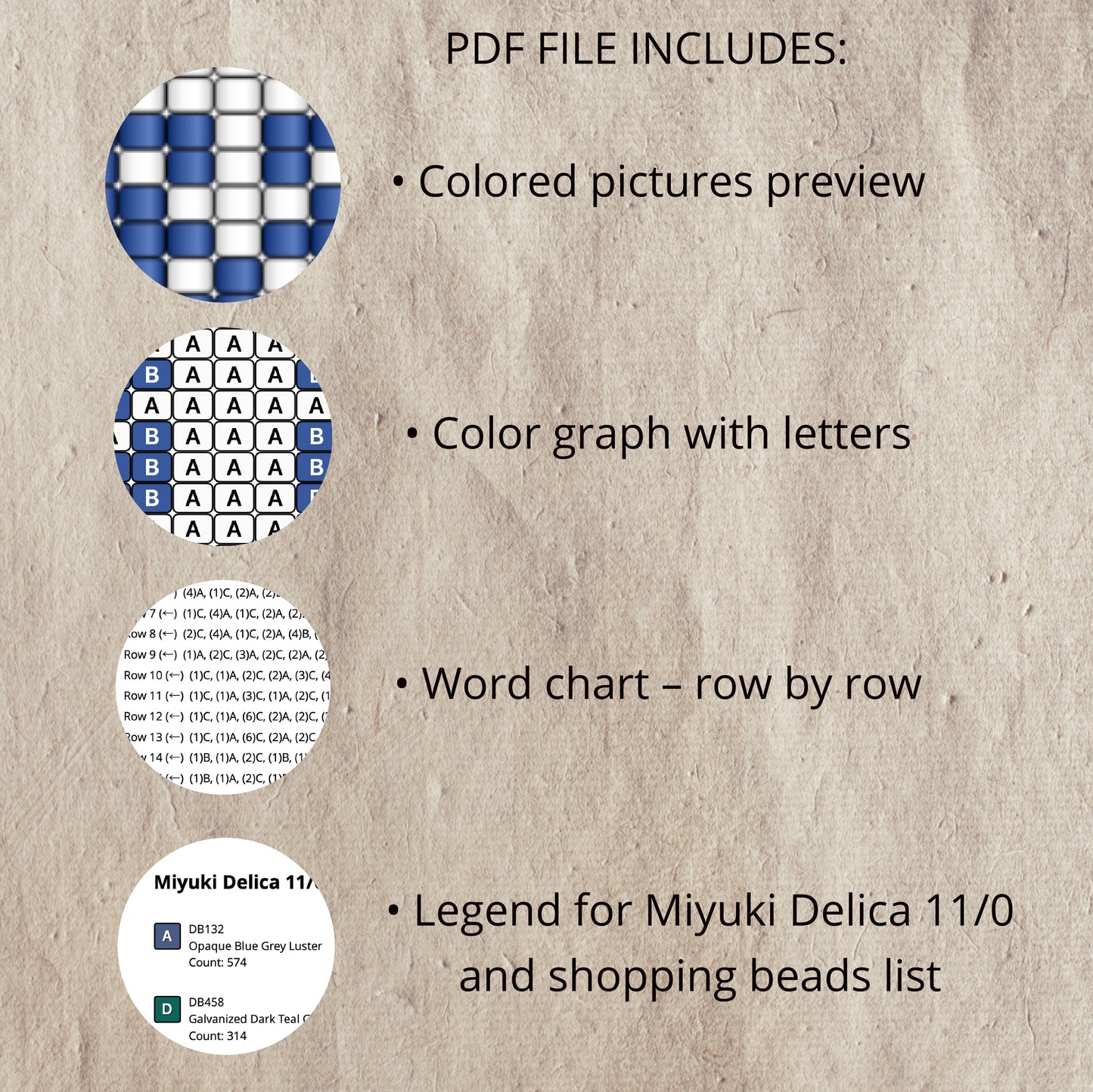 Textual information about a PDF file including colored pictures, color graph with letters, word chart, and bead legend on a textured beige background.