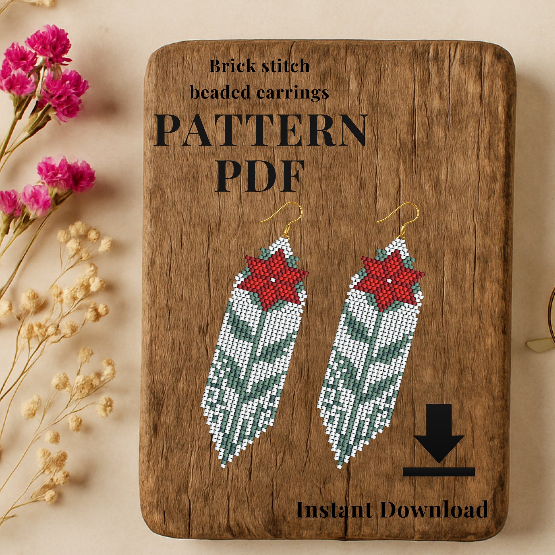 Christmas poinsettia Brick stitch beaded earrings pattern PDF on a wooden board 