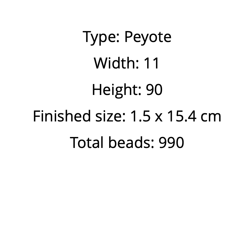 Text detailing the type, dimensions, and bead count of a Peyote pattern on a white background.