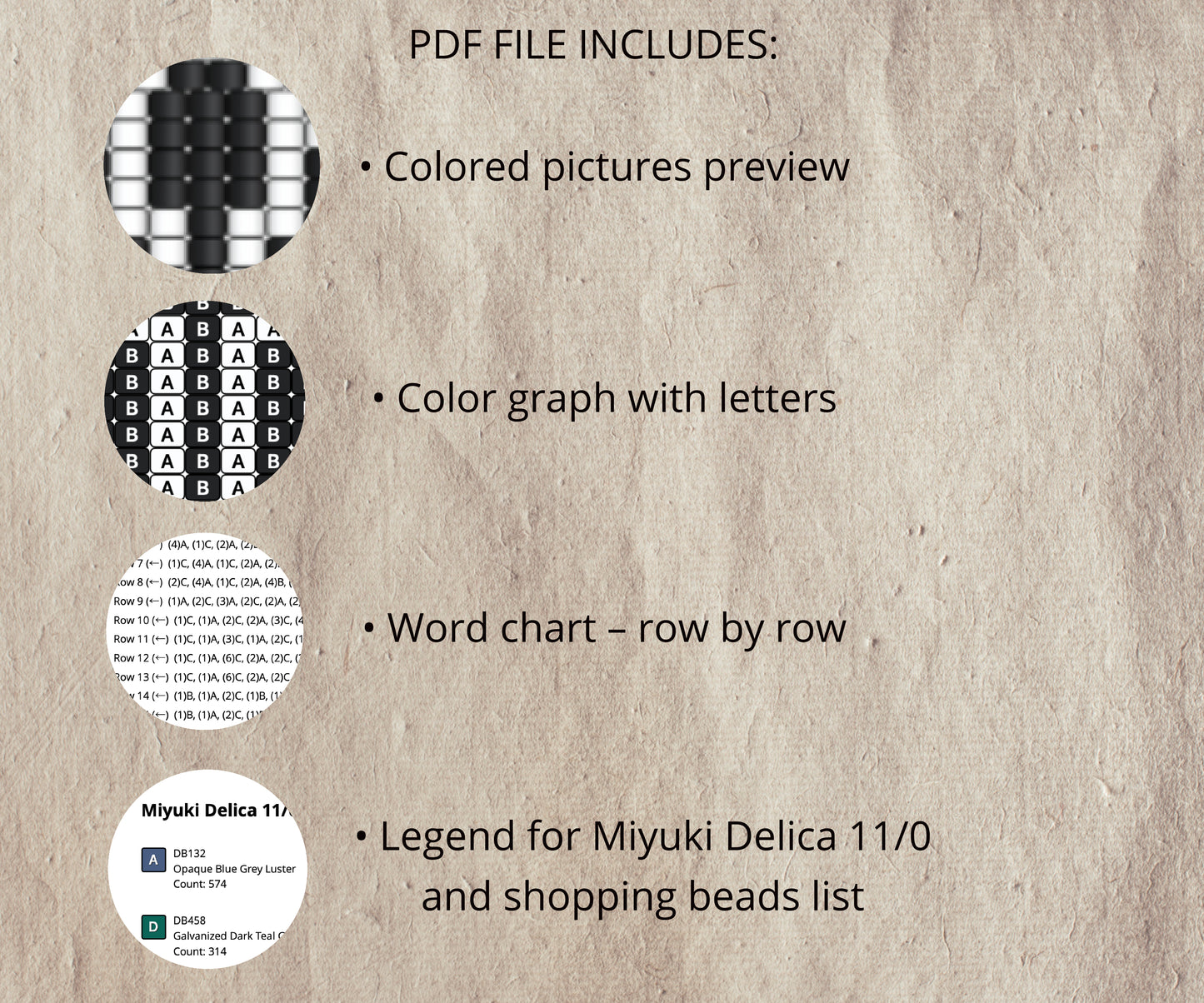 Textual information about a PDF file including colored pictures, color graph with letters, word chart, and bead legend on a textured beige background.