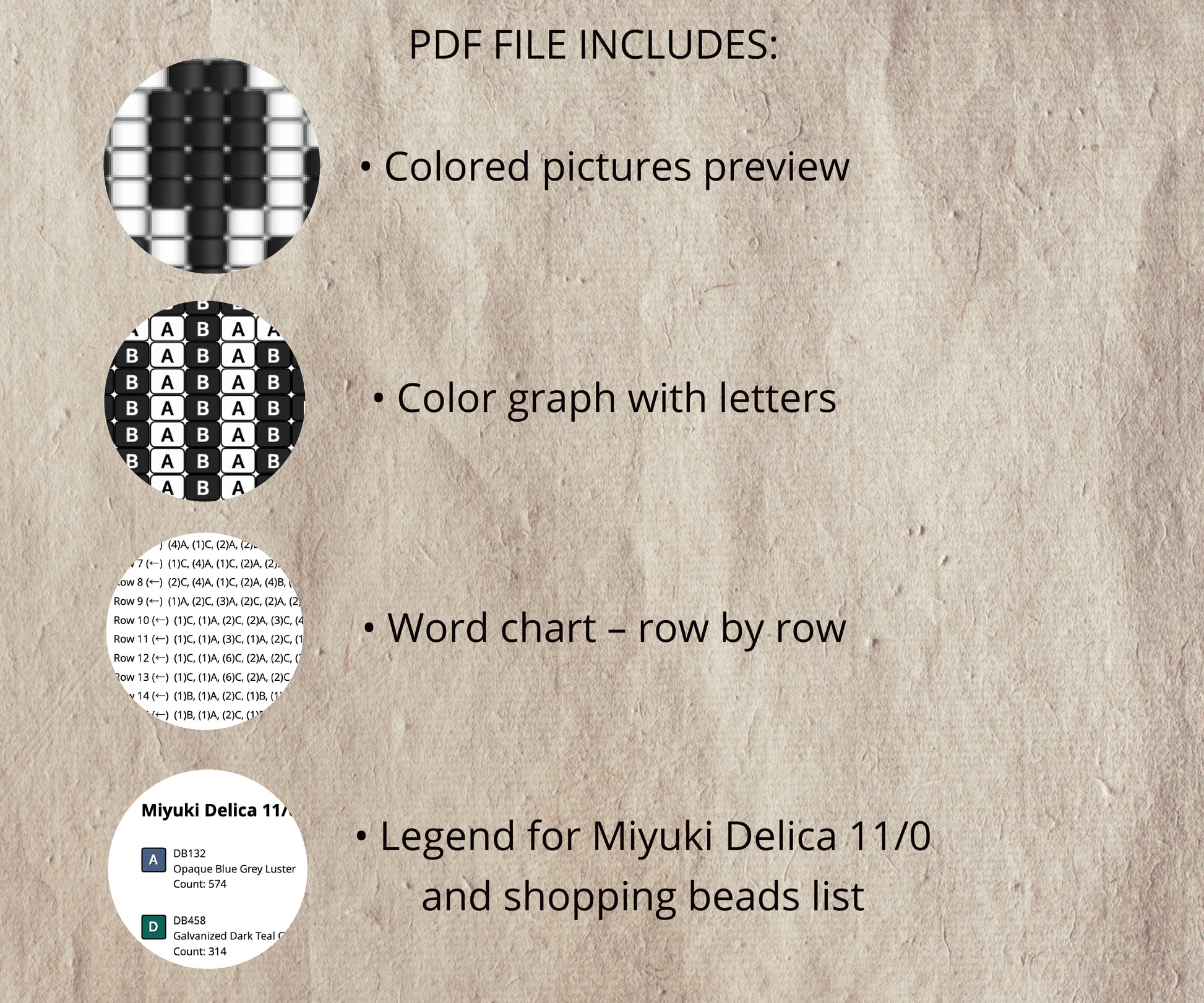 Textual information about a PDF file including colored pictures, color graph with letters, word chart, and bead legend on a textured beige background.