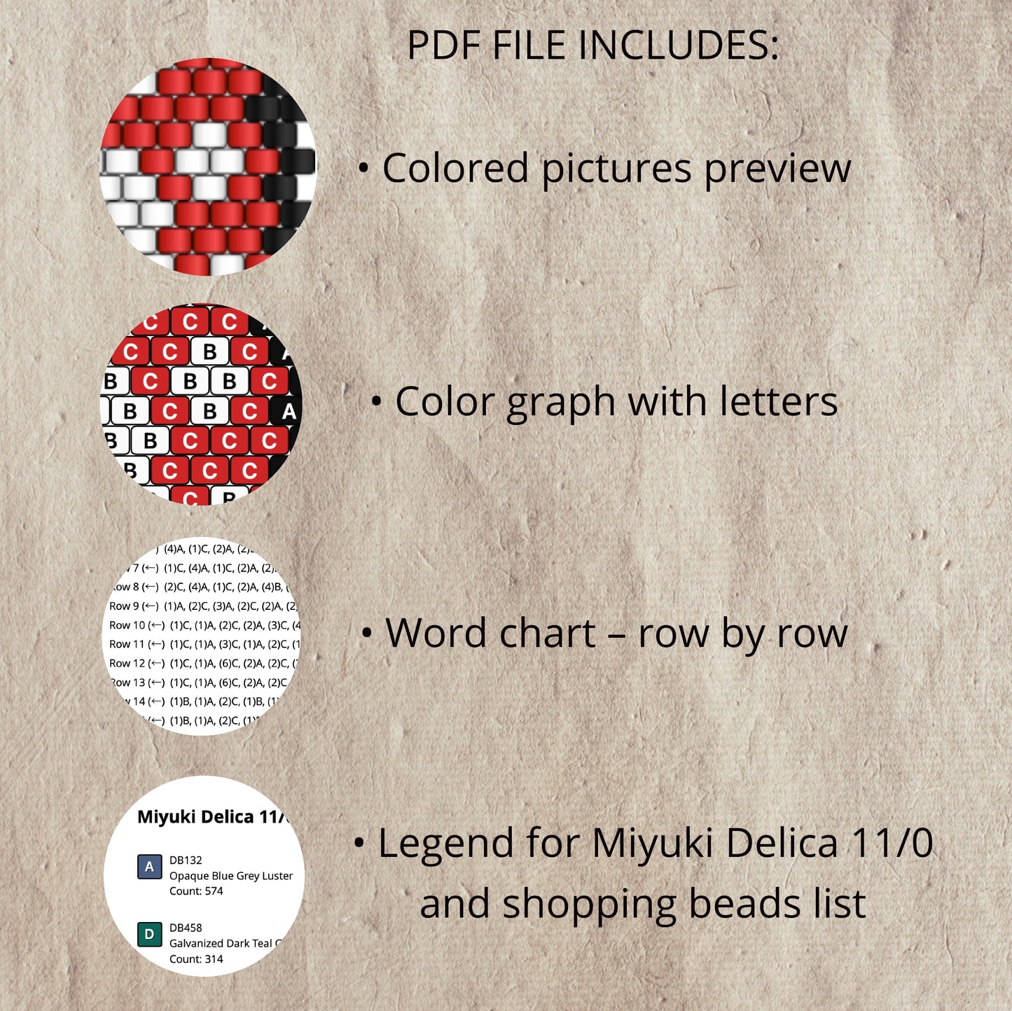 Textual information about a PDF file containing colored pictures, color graph with letters, word chart, and bead legend on a textured beige background.