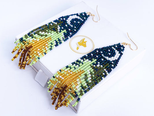 Christmas Tree Moon Earrings Pattern | Brick Stitch Beading PDF, Navy Blue Fringe Bohemian Jewelry