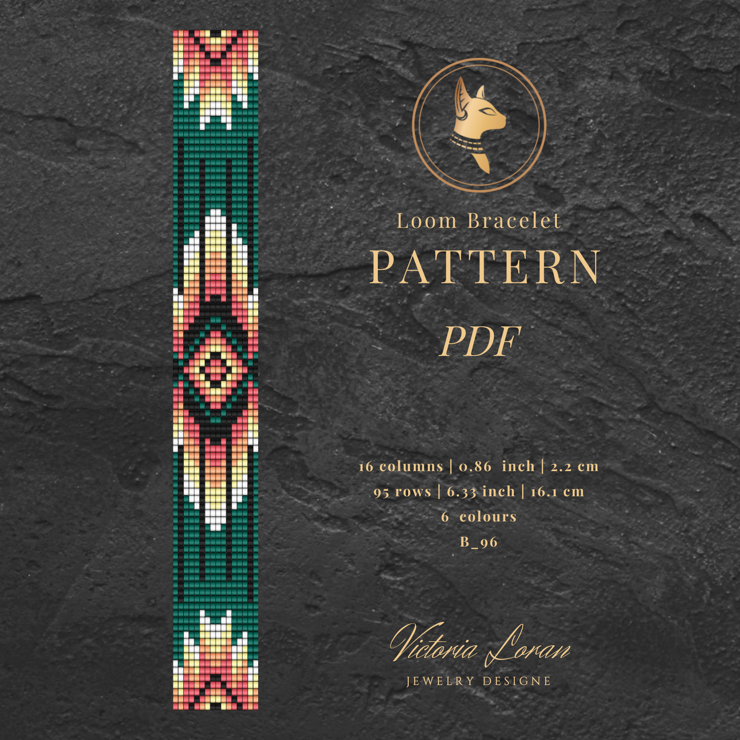 Loom bracelet pattern PDF with geometric design on a dark textured background