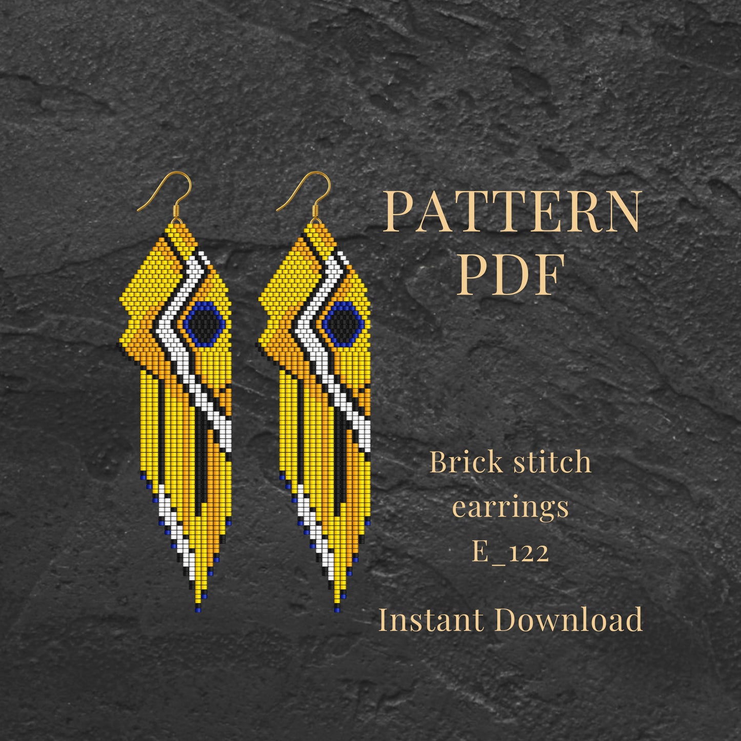 Brick stitch earrings with yellow fish and white pattern on a dark gray background