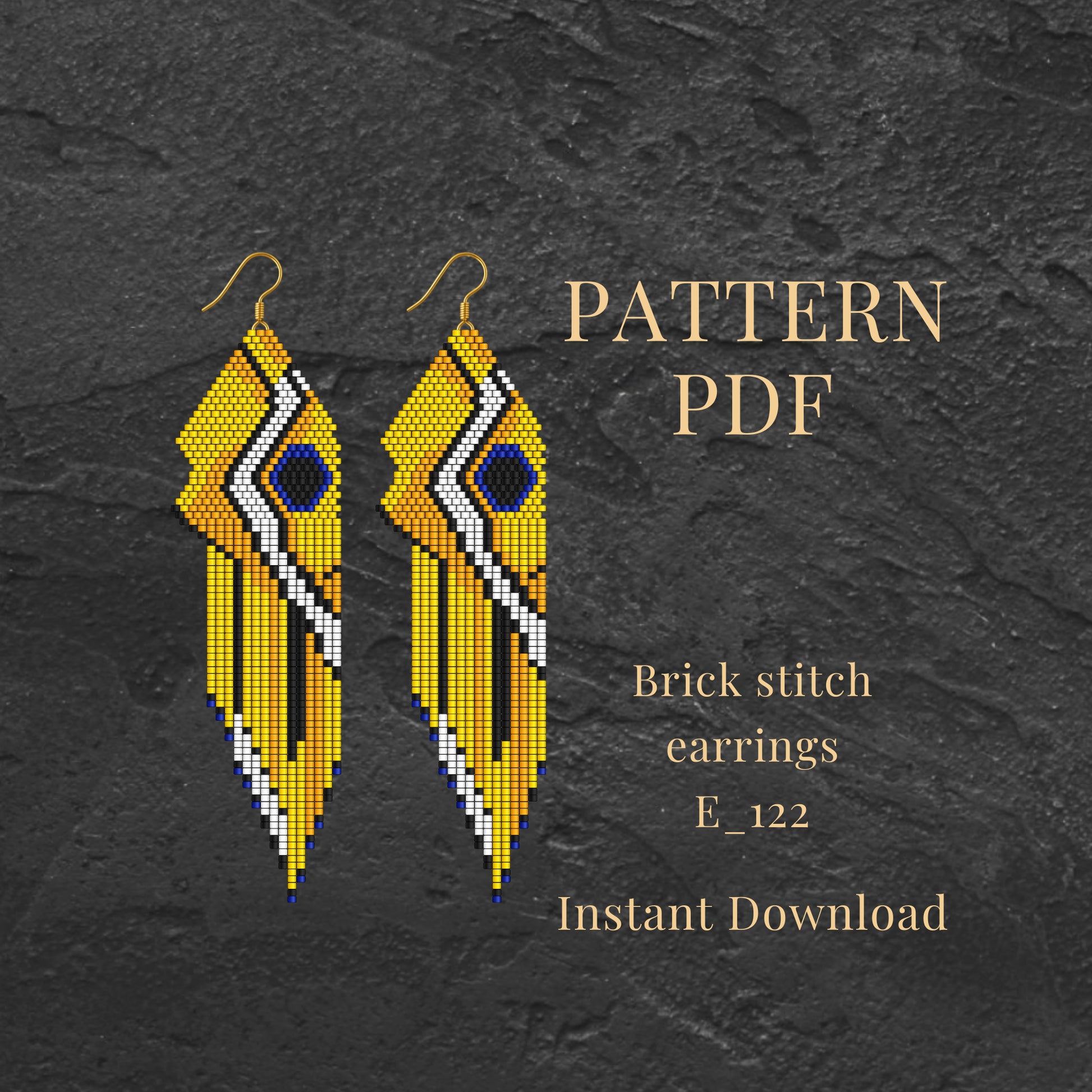 Brick stitch earrings with yellow fish and white pattern on a dark gray background