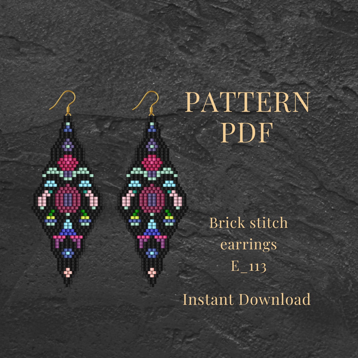 floral bohemian Brick stitch earrings with pattern PDF on a dark textured background