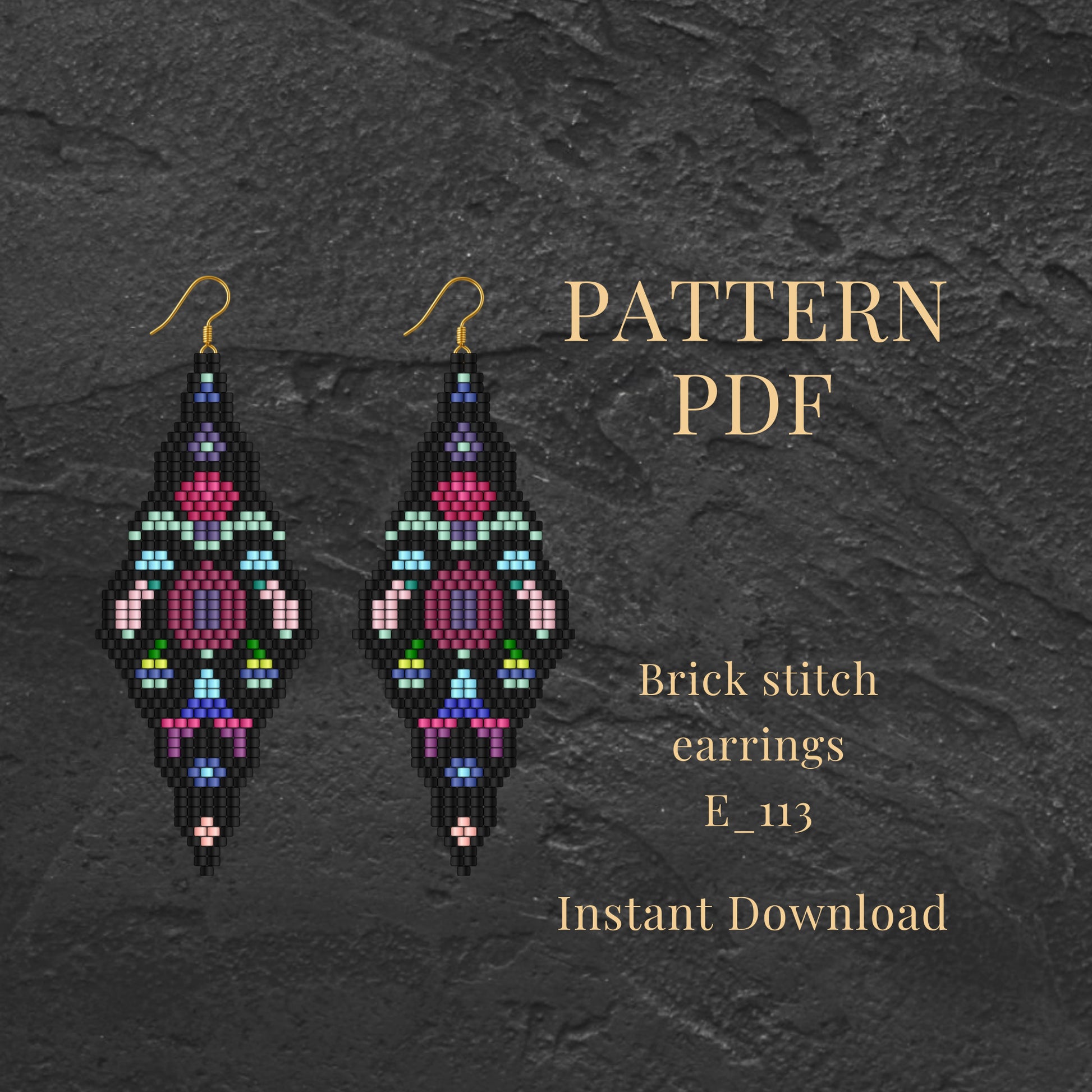 floral bohemian Brick stitch earrings with pattern PDF on a dark textured background