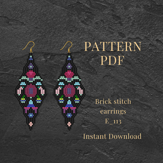 floral bohemian Brick stitch earrings with pattern PDF on a dark textured background