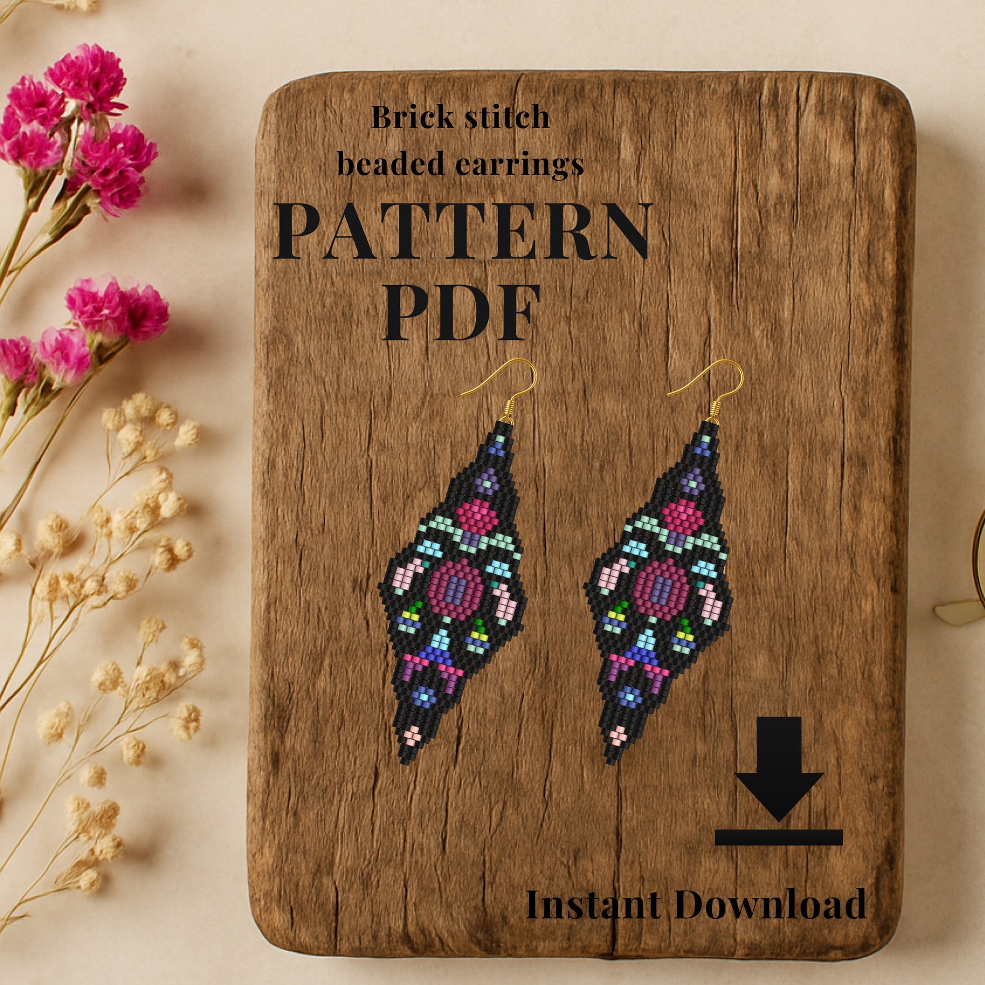 Floral Brick stitch beaded earrings pattern PDF on a wooden board 