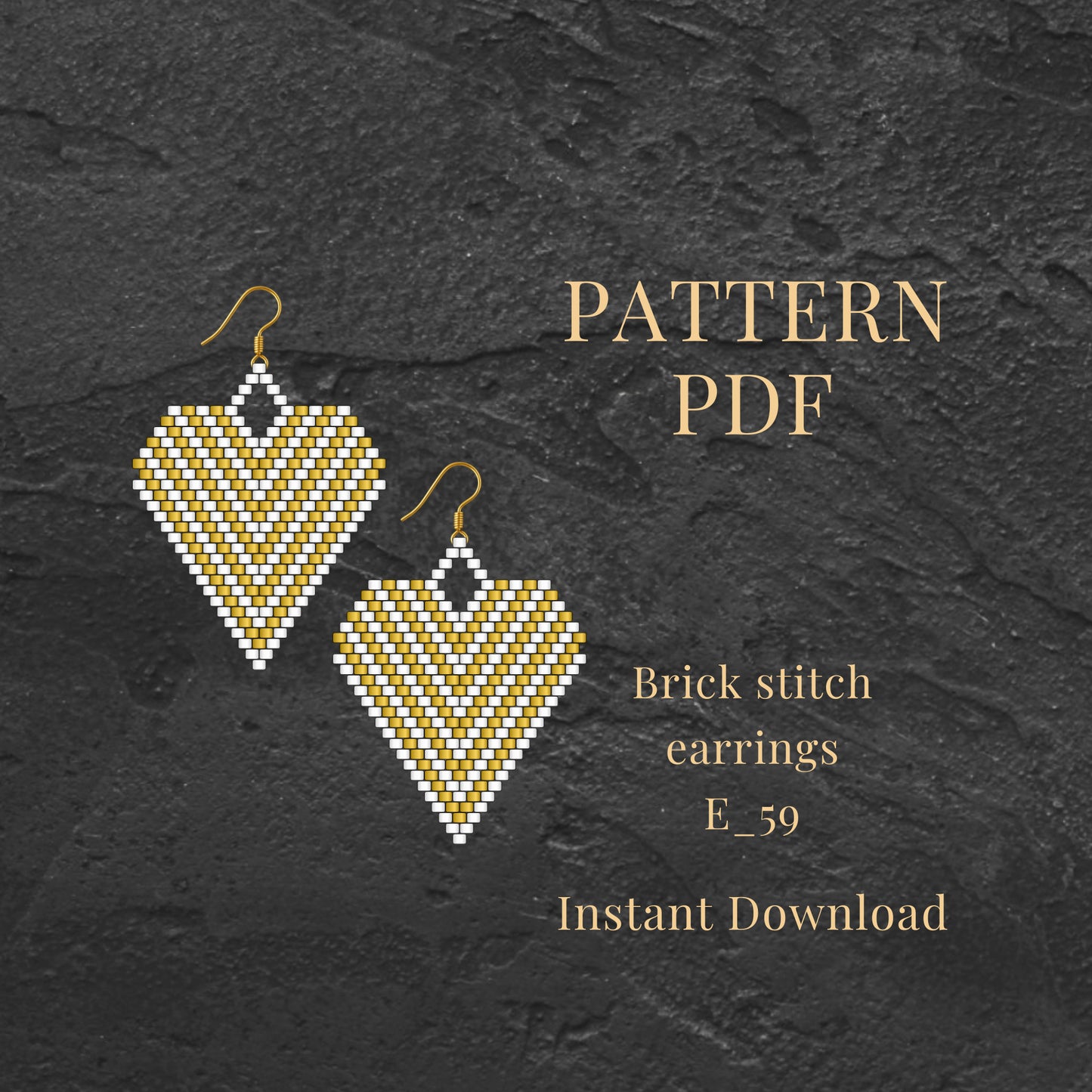 gold heart Brick stitch earrings pattern PDF on a dark textured background