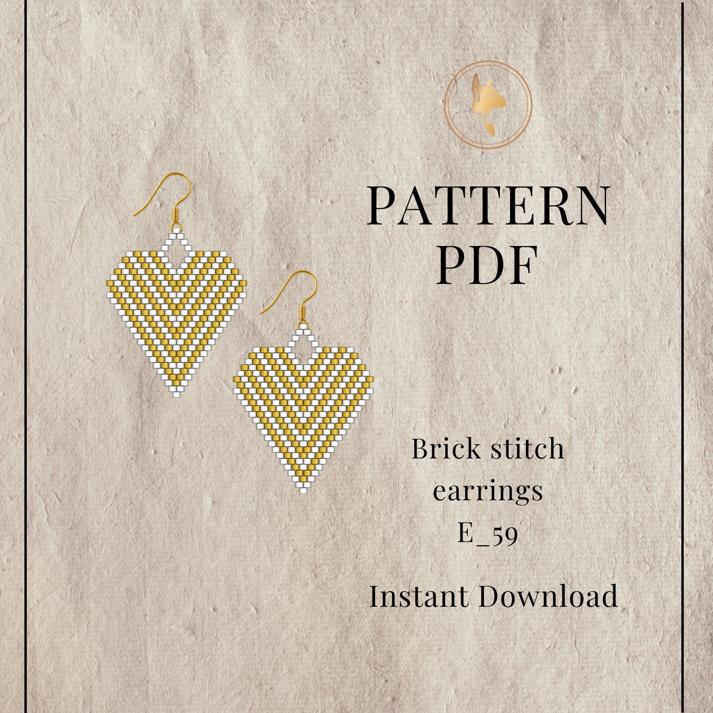 gold heartBrick stitch earrings pattern PDF on a textured beige background