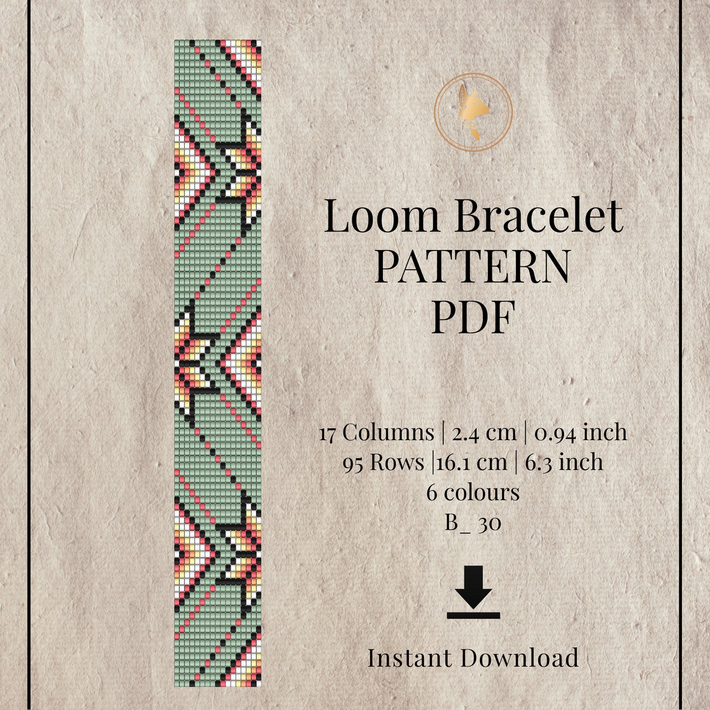 green Loom bracelet pattern PDF with geometric design on a textured beige background