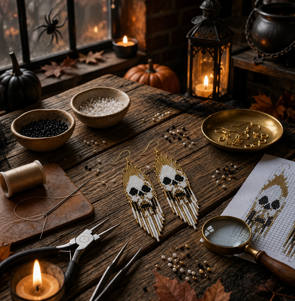 Halloween Skull Earrings Brick Stitch Pattern PDF | Miyuki Beading Tutorial